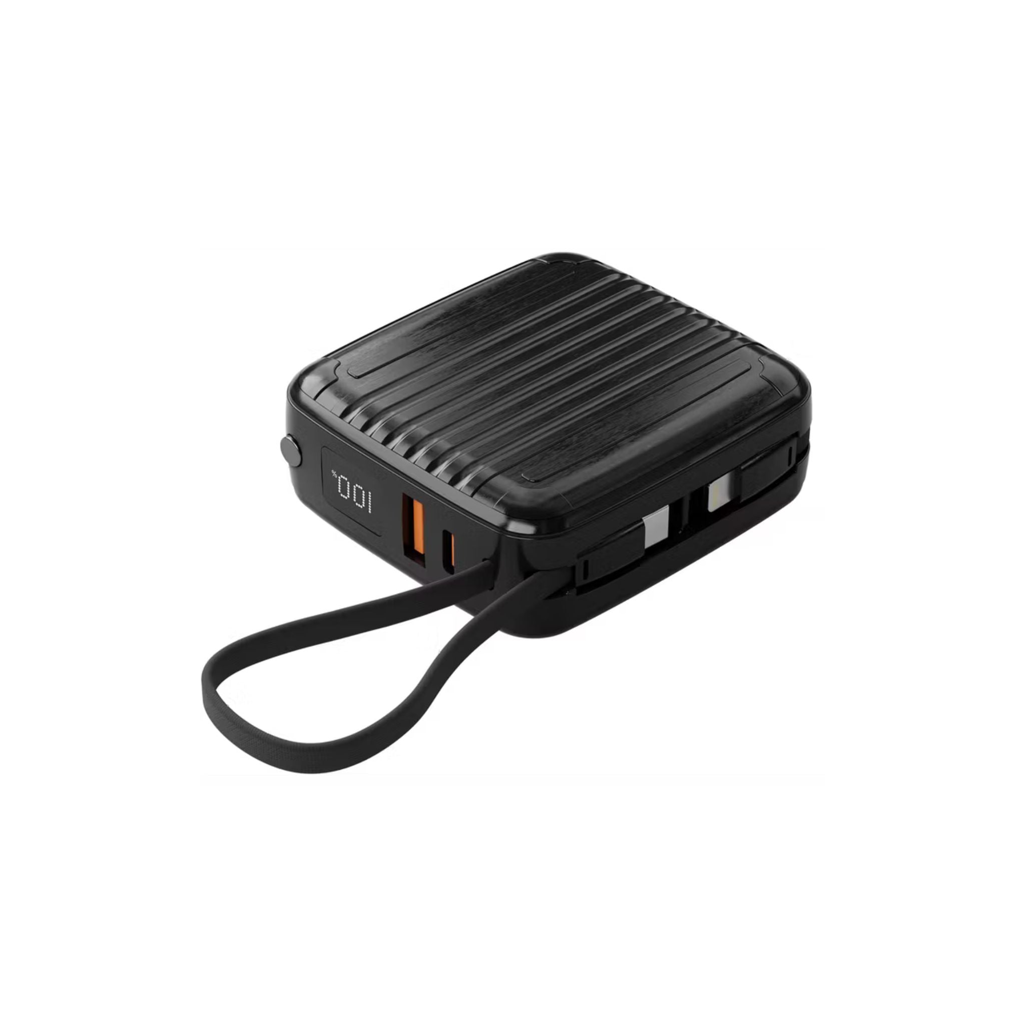 Black portable device with a strap on a white background