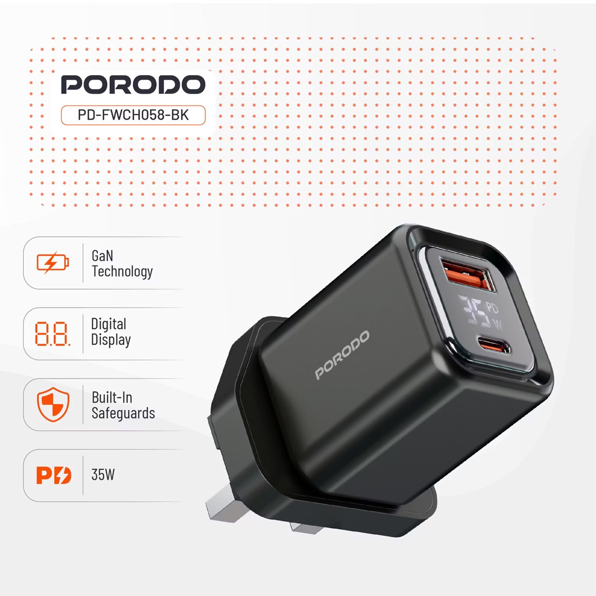 Porodo Dual-Port Quick Wall Charger with 35W Power Delivery, Built-in Safeguards, Digital Display, 0.8A Maximum Rated Current, GaN Technology - Black