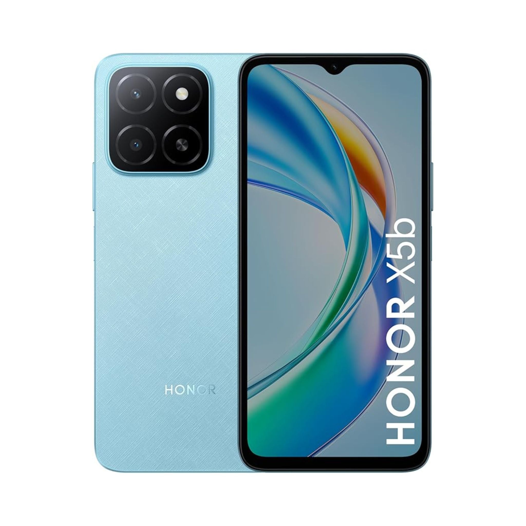 Honor X5b smartphone showing front and back on a white background