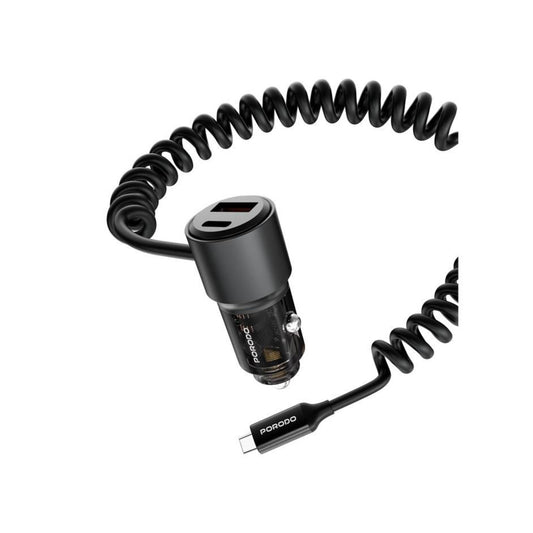 Porodo 110W Car Charger, USB-A+C Ports, 12-24V Input, 1.5m Spring Coiled Cable, Integrated USB-C Cable - Black