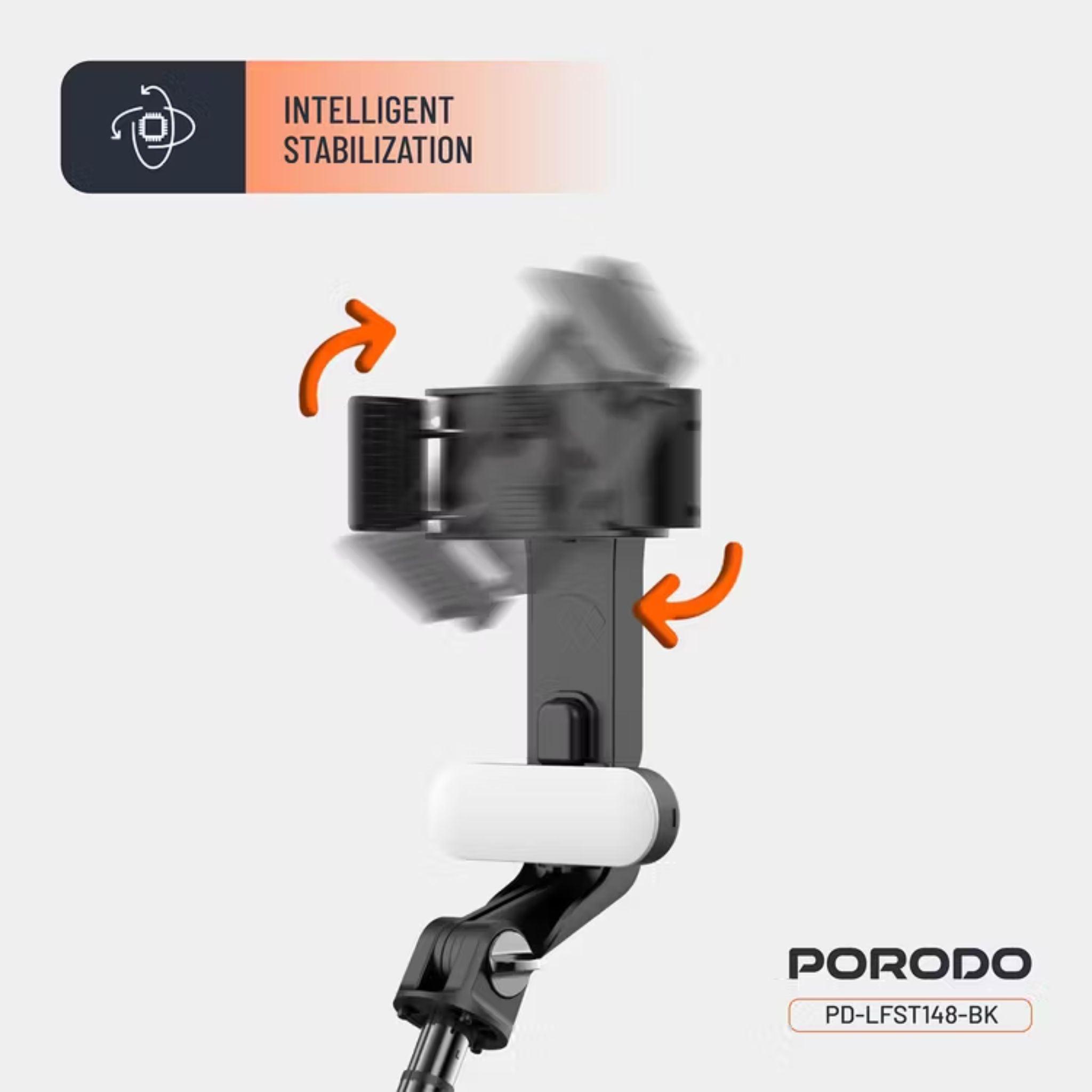Porodo QuadBase Gimbal Stabilizer with Detachable Fill Light, 10.87 to 15.04cm Mount Holder Range, Anti-Shake, 79cm Extended Length, Remote Control - Black