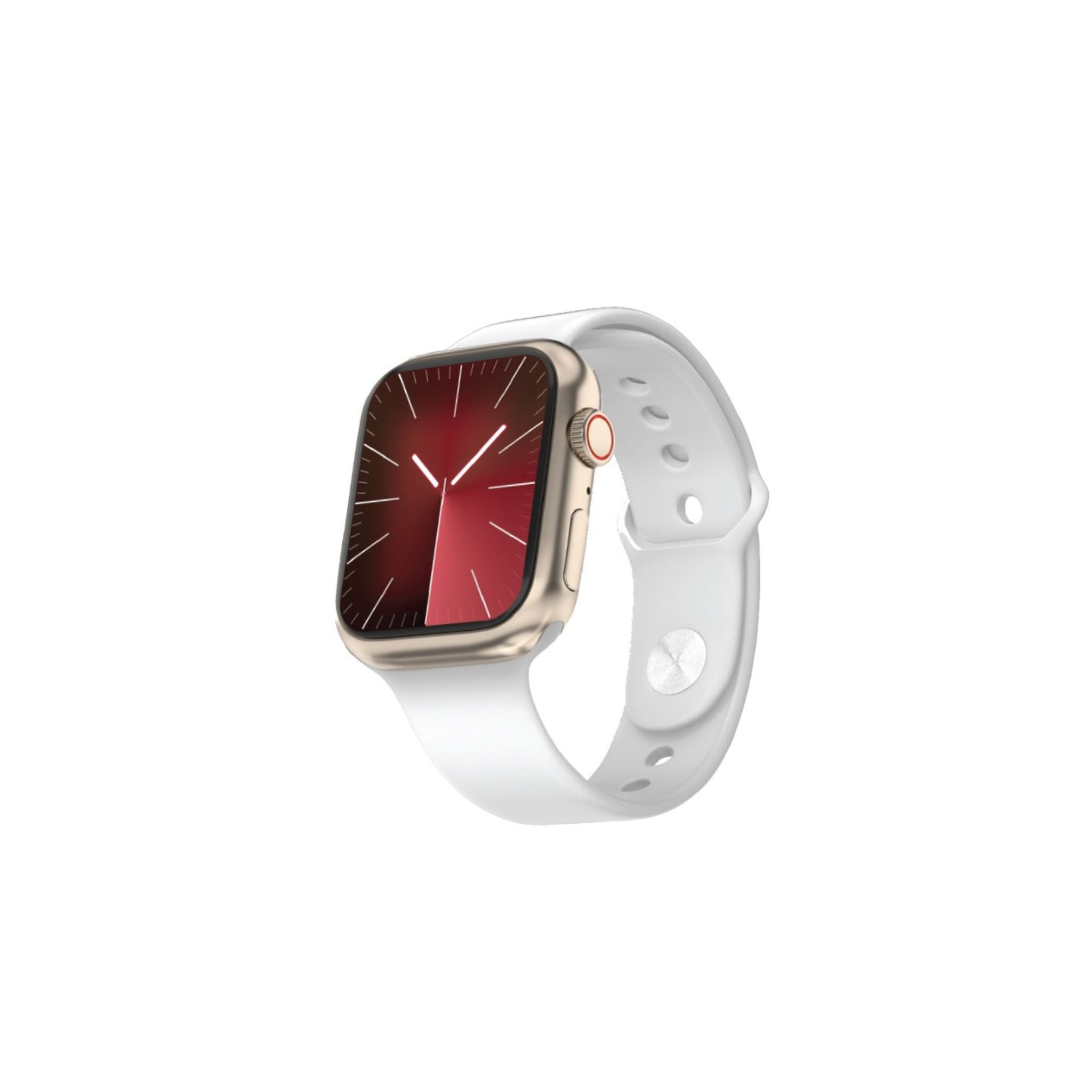 A silver-colored smartwatch with a round display showing time and date, featuring a silicone strap.