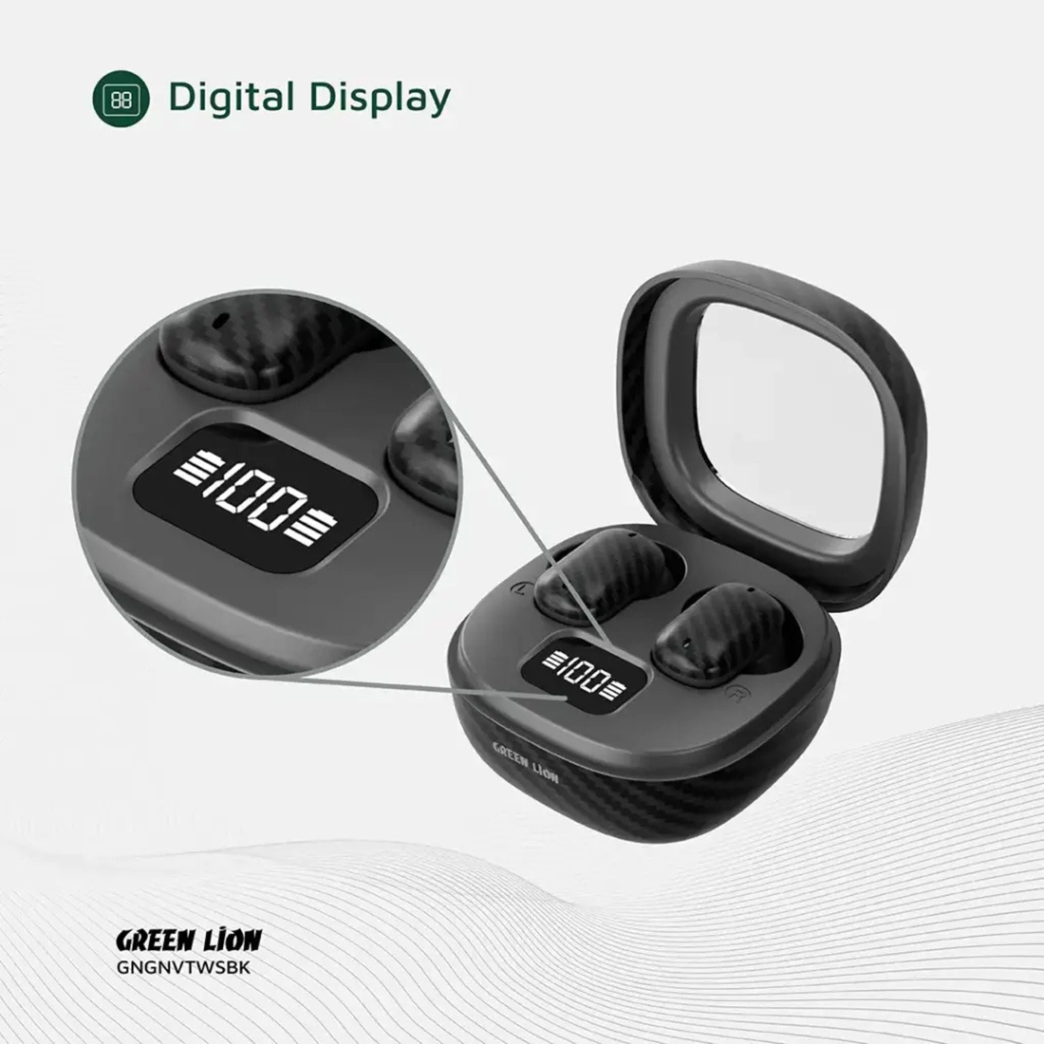 Green Lion Geneva True Wireless Earbuds with Dual Microphones, Up to 4 Hours Play Time, Bluetooth Version 5.4, 10m Transmission Range, USB-C Charging Port, Voice Assistant, Digital Display & Touch Controls, Up to 180 Days Standby Time - Black