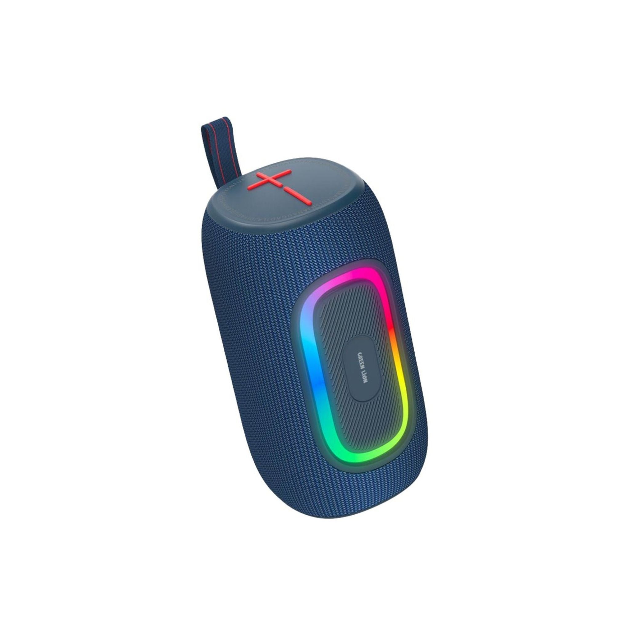A blue portable wireless speaker with RGB lights on the front, featuring a cylindrical design with a handle at the top.