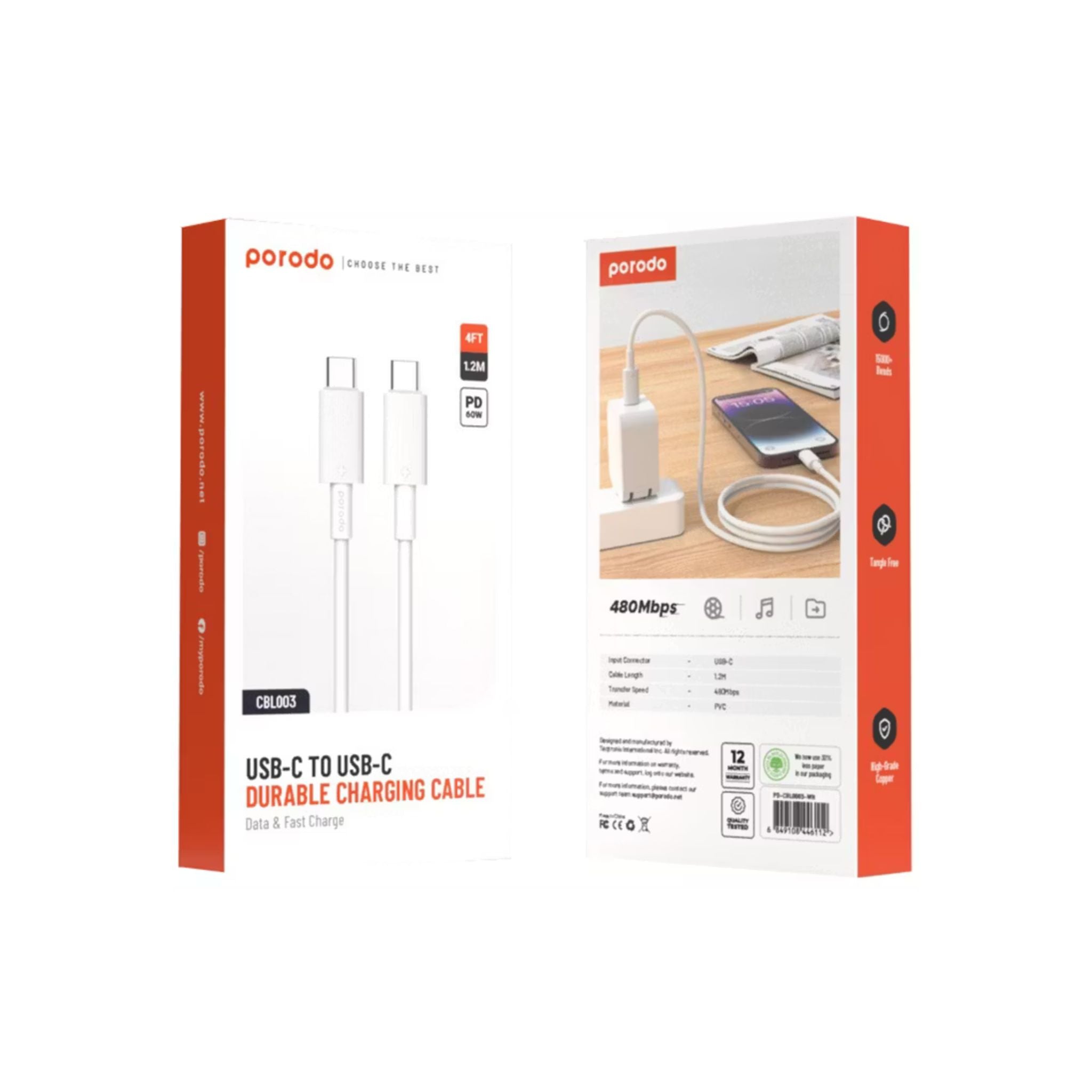 Porodo USB-C to USB-C PVC Cable, 480Mbps Transfer Speed, 60W Power Delivery, more than 15000 Bends Life Span, 1.2m Cable Length, Tangle Free - White