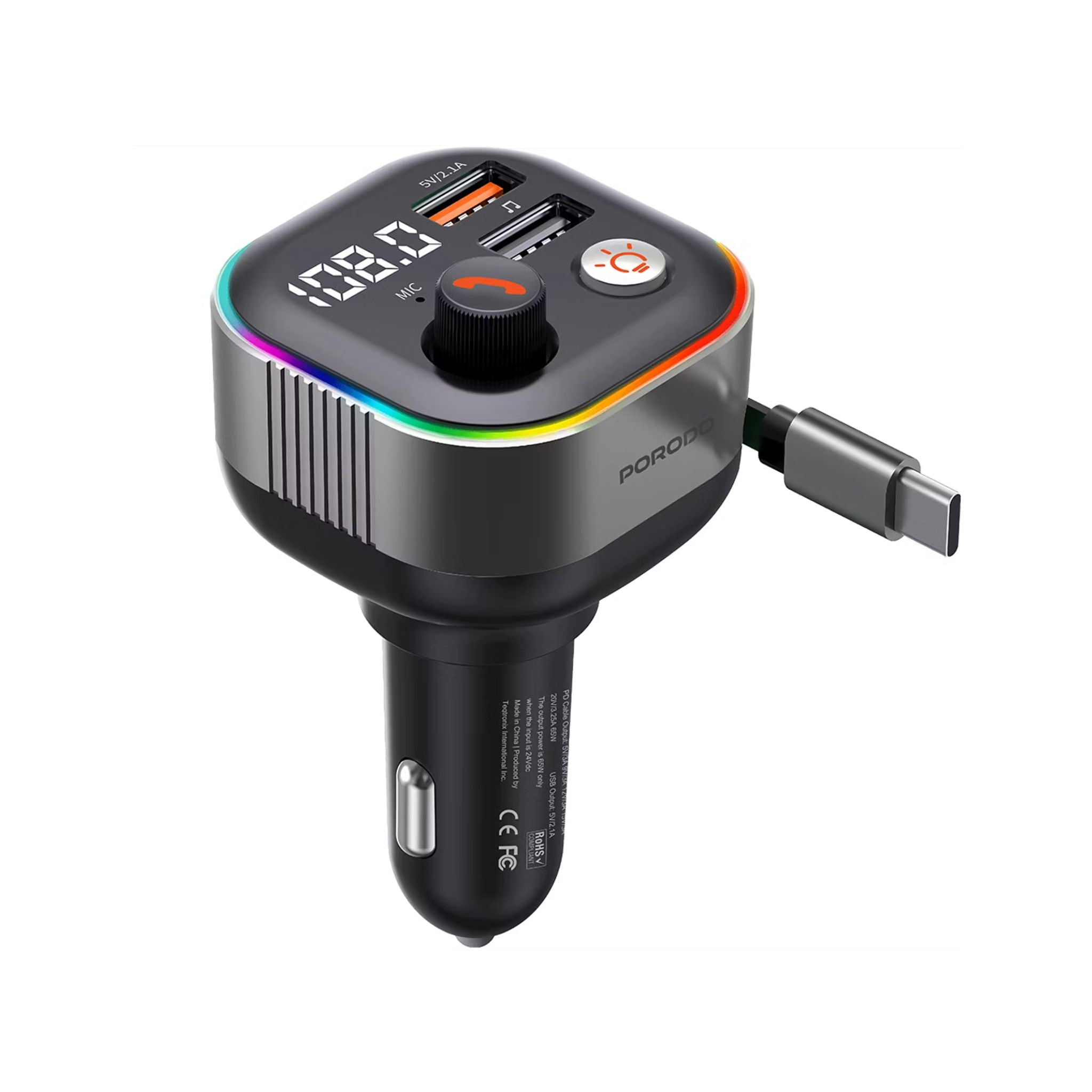 Porodo Audio Boost Bluetooth FM Transmitter Quick-Charge Car Charger with 65W PD, USB-A & USB-C Outputs, USB Flash, 80cm Retractable Type-C Cable, 87.5-107.8 FM Frequency, LED Ambient Lighting, Universal Compatibility - Dark Gray