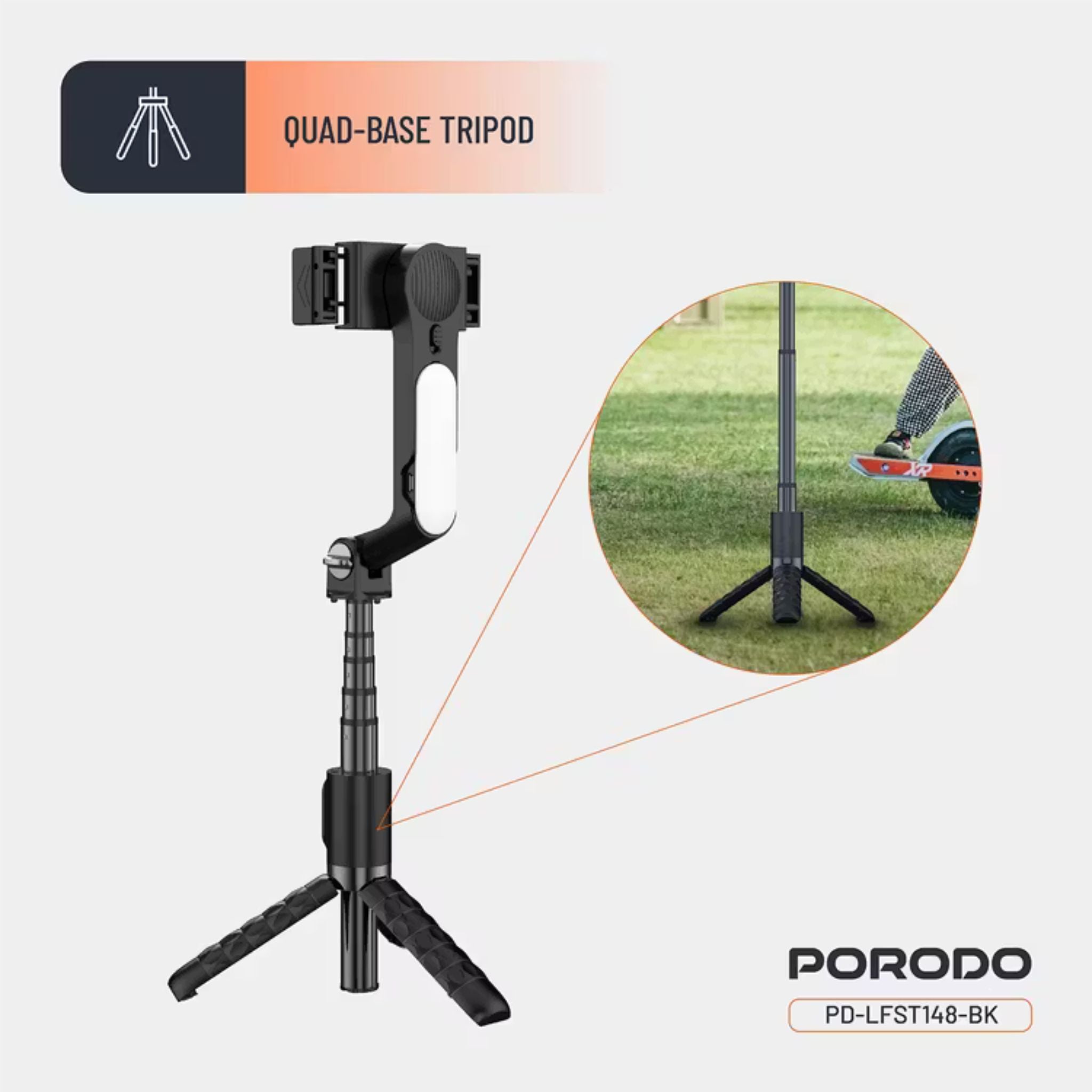 Porodo QuadBase Gimbal Stabilizer with Detachable Fill Light, 10.87 to 15.04cm Mount Holder Range, Anti-Shake, 79cm Extended Length, Remote Control - Black