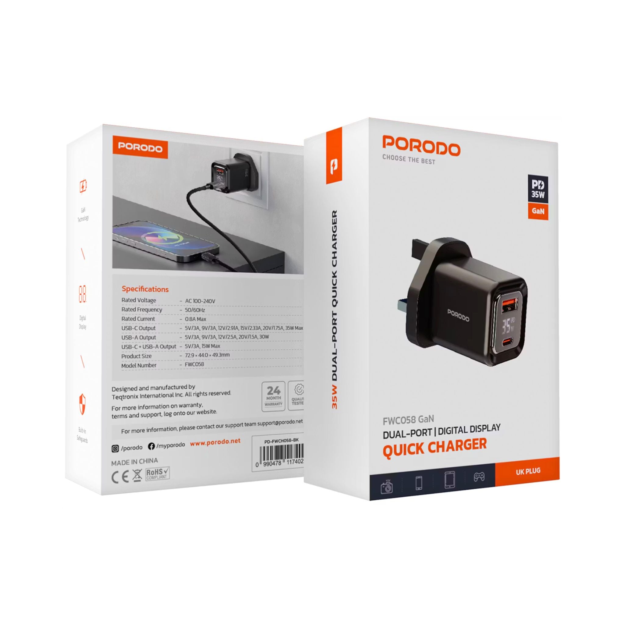 Porodo Dual-Port Quick Wall Charger with 35W Power Delivery, Built-in Safeguards, Digital Display, 0.8A Maximum Rated Current, GaN Technology - Black