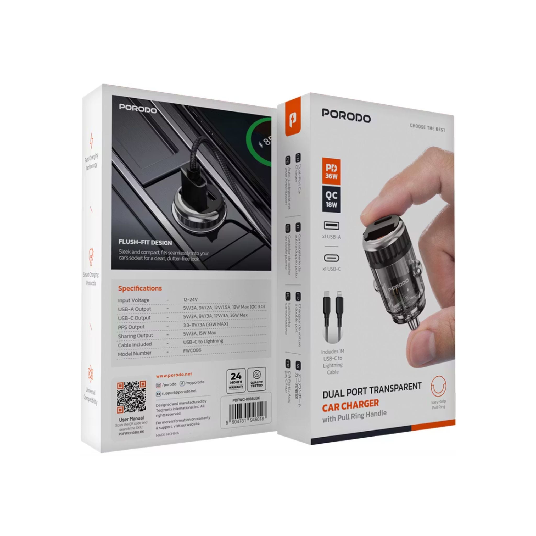Porodo Dual Port Transparent Car Charger with USB-C to Lightning Cable, PD 36W, QC 18W, USB-A & USB-C Ports, Pull Ring Handle, Fast Charging Technology, Smart Charging Protocols, Universal Compatibility - Black