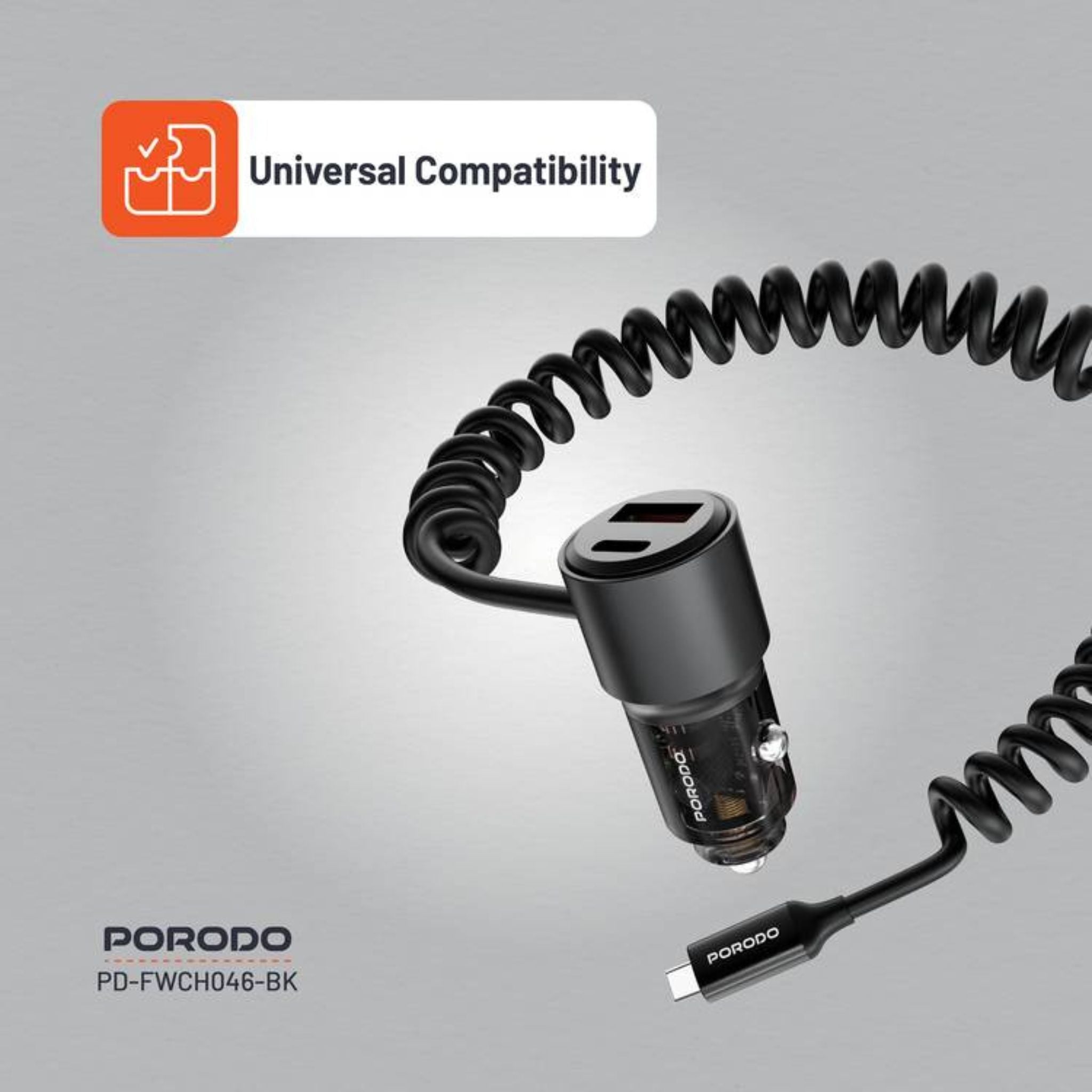 Porodo 110W Car Charger, USB-A+C Ports, 12-24V Input, 1.5m Spring Coiled Cable, Integrated USB-C Cable - Black