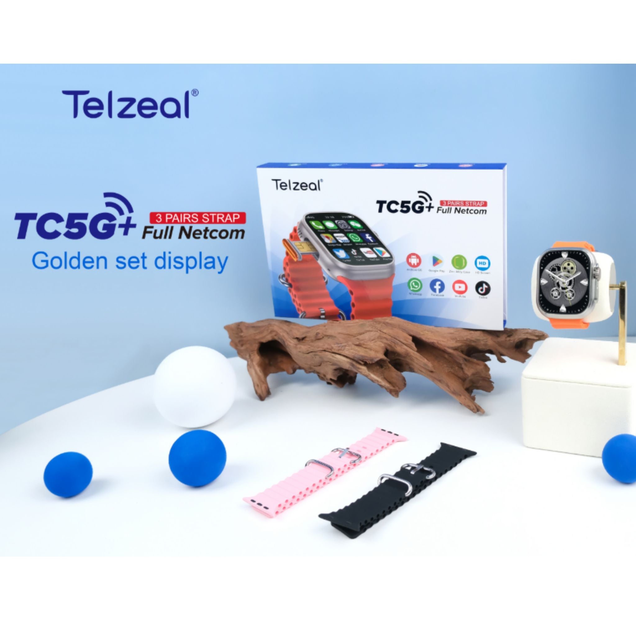 Telzeal Germany TC5G+ 2.2 Inch Full Screen Display Smart Watch With Sim Slot 3 Pair Straps and Wireless Charger For Ladies and Gents