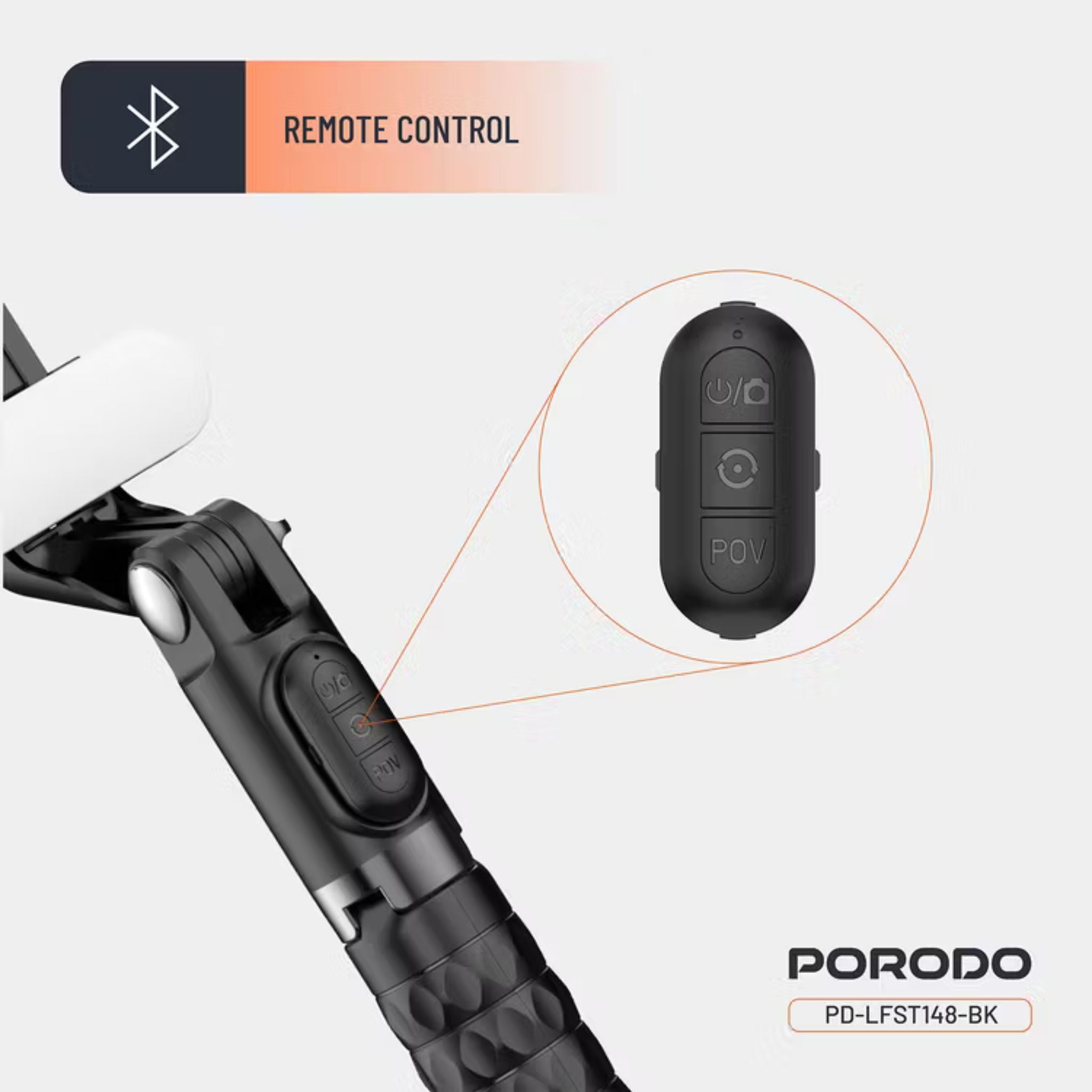Porodo QuadBase Gimbal Stabilizer with Detachable Fill Light, 10.87 to 15.04cm Mount Holder Range, Anti-Shake, 79cm Extended Length, Remote Control - Black