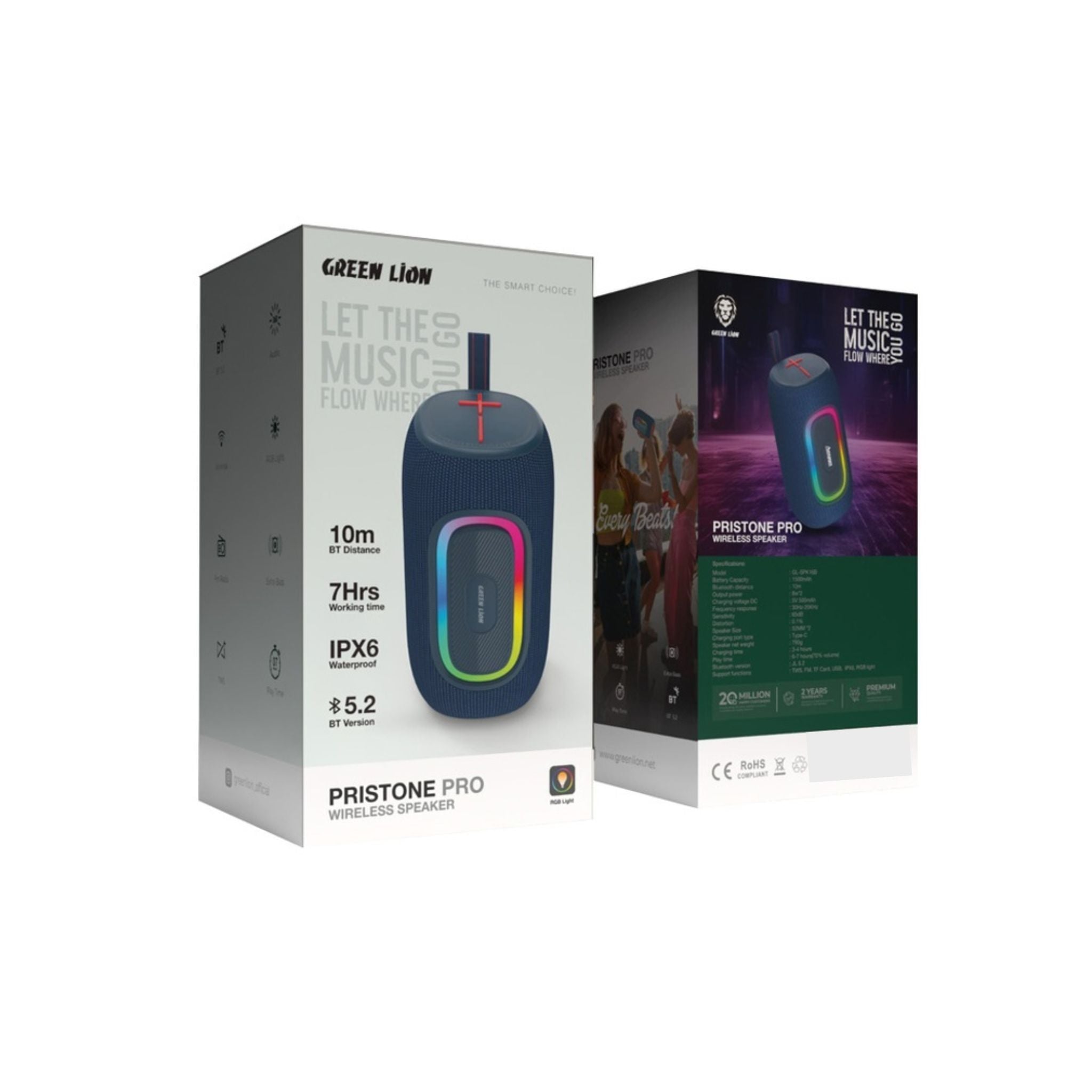 Green Lion Pristone Pro Wireless Speaker with RGB Light, IPX6 Waterproof, Up to 7 Hours Play Time, Extra Bass, FM Radio, 1200mAh Battery Capacity - Blue