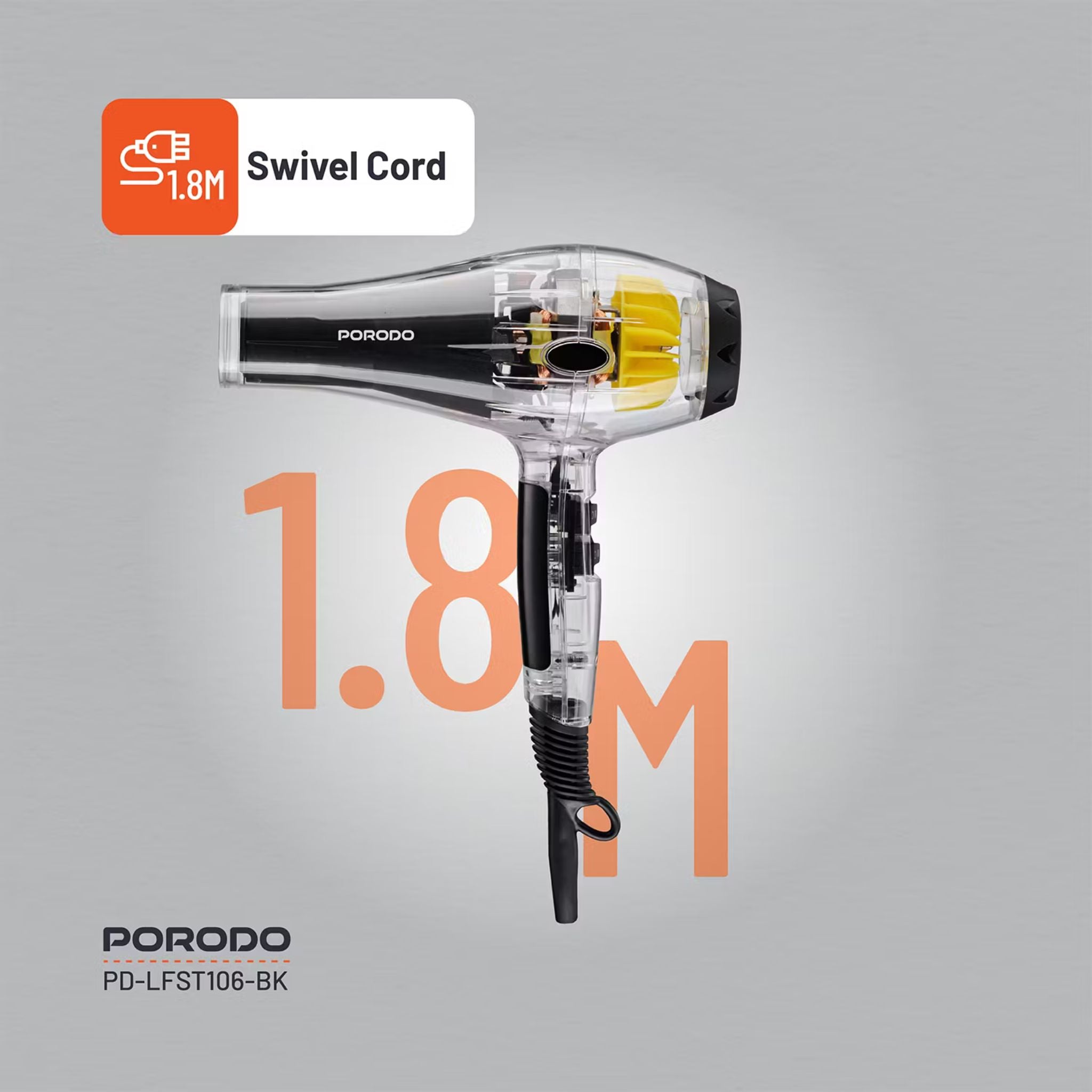 Porodo Lifestyle Crystal Shell Hair Dryer with 3 Airflow Modes, 2000W Rated Power, Removable Filter, Overheating Protection, 2 Speed Levels - Black