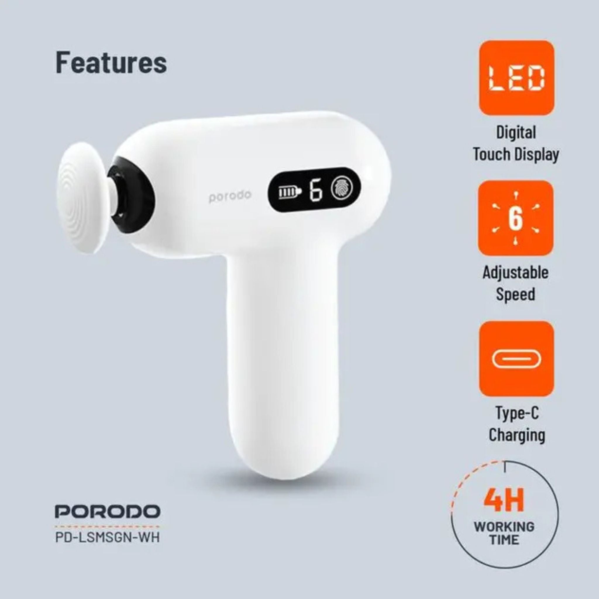 Porodo Lifestyle Active Precision Massager, Portable & Lightweight, Digital Touch Display, 6 Adjustable Speed, Low Noise Design, 4 Hours Working Time, 6mm Massage Stroke - White
