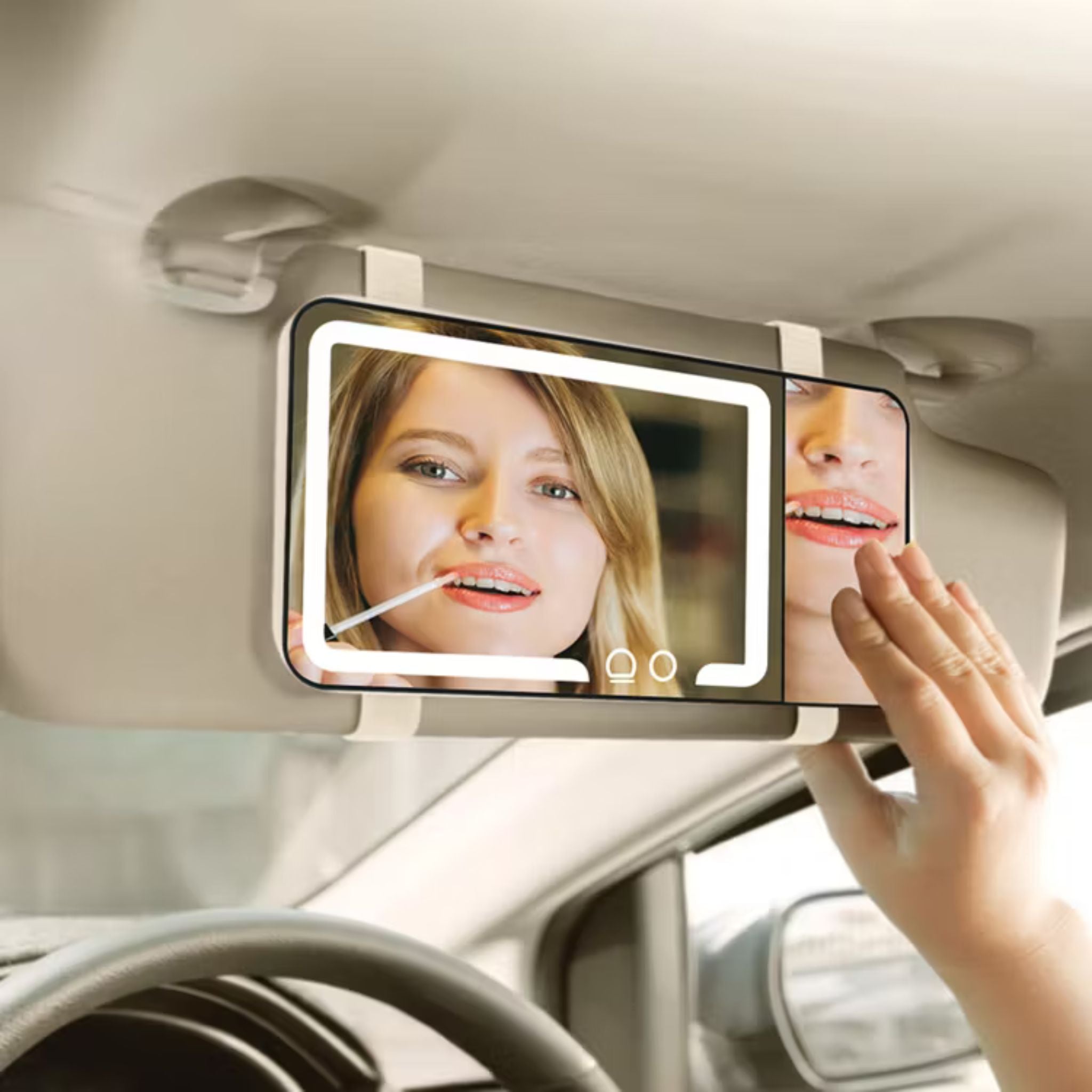 Porodo Lifestyle Shinevibe LED Car Makeup Mirror with Adjustable Brightness, Cool/Natural/Warm Light Modes, Durable ABS, Elastic Band, Touch Control, Type-C Charging, 600mAh Battery (2–3h Charge, 5h Use), Easy Installation – Cream