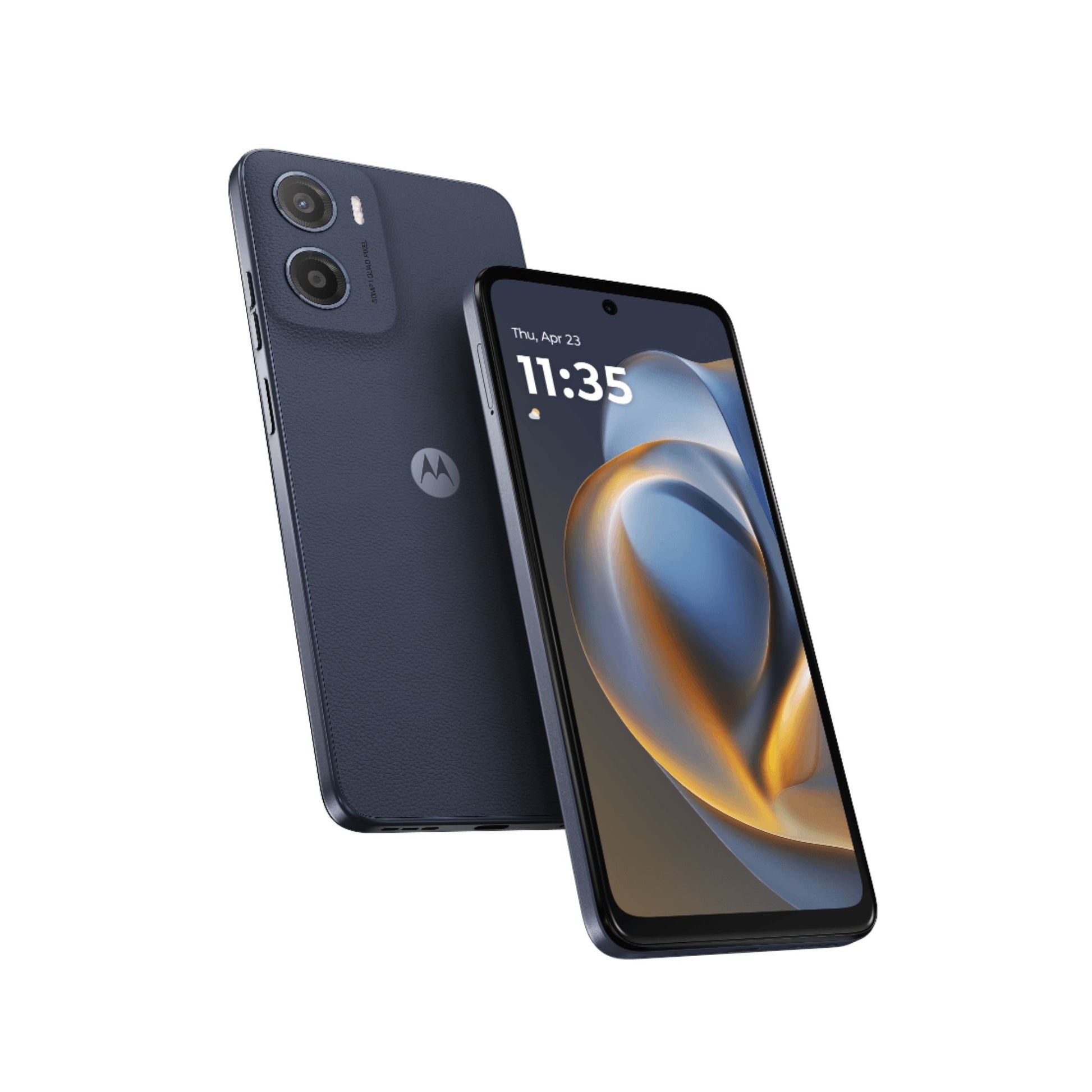 Motorola smartphone showing front and back on a white background