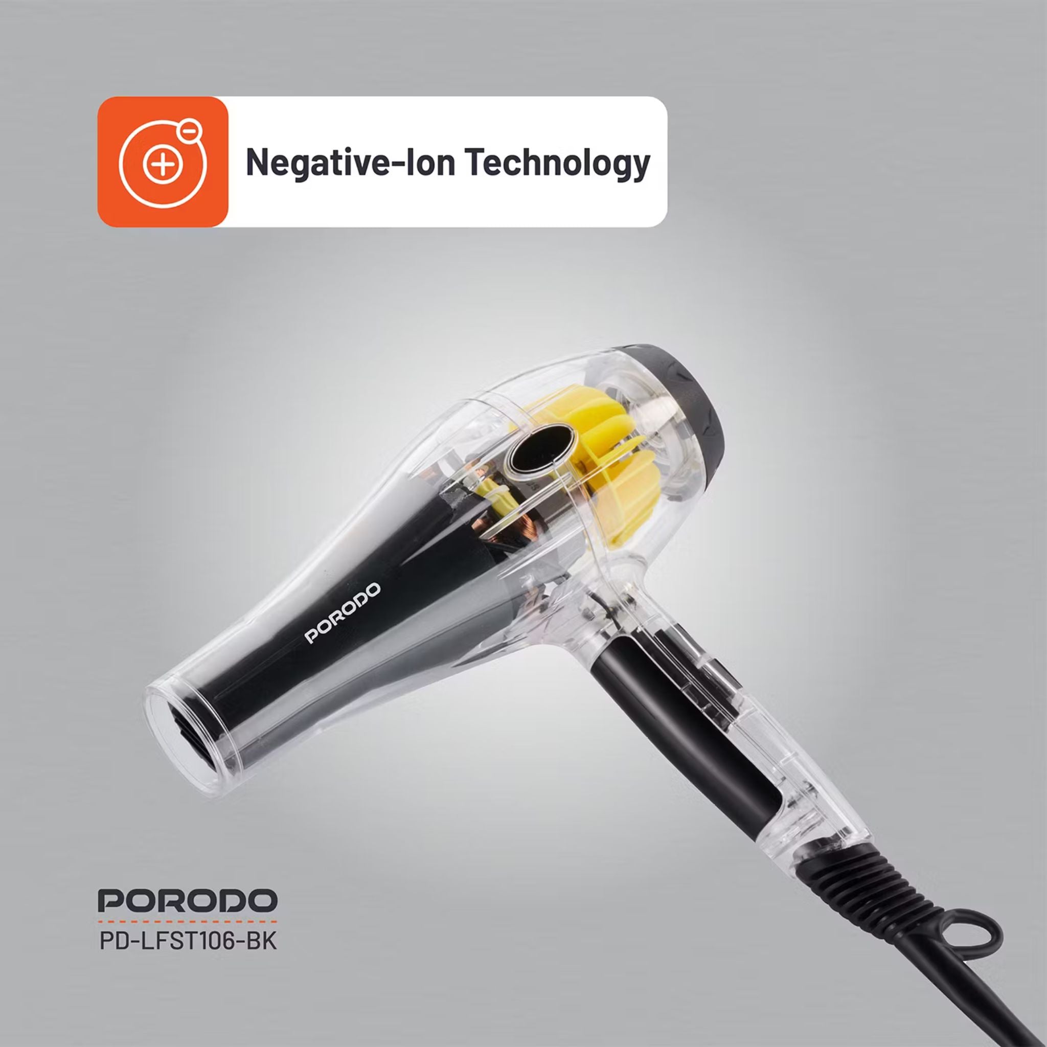 Porodo Lifestyle Crystal Shell Hair Dryer with 3 Airflow Modes, 2000W Rated Power, Removable Filter, Overheating Protection, 2 Speed Levels - Black