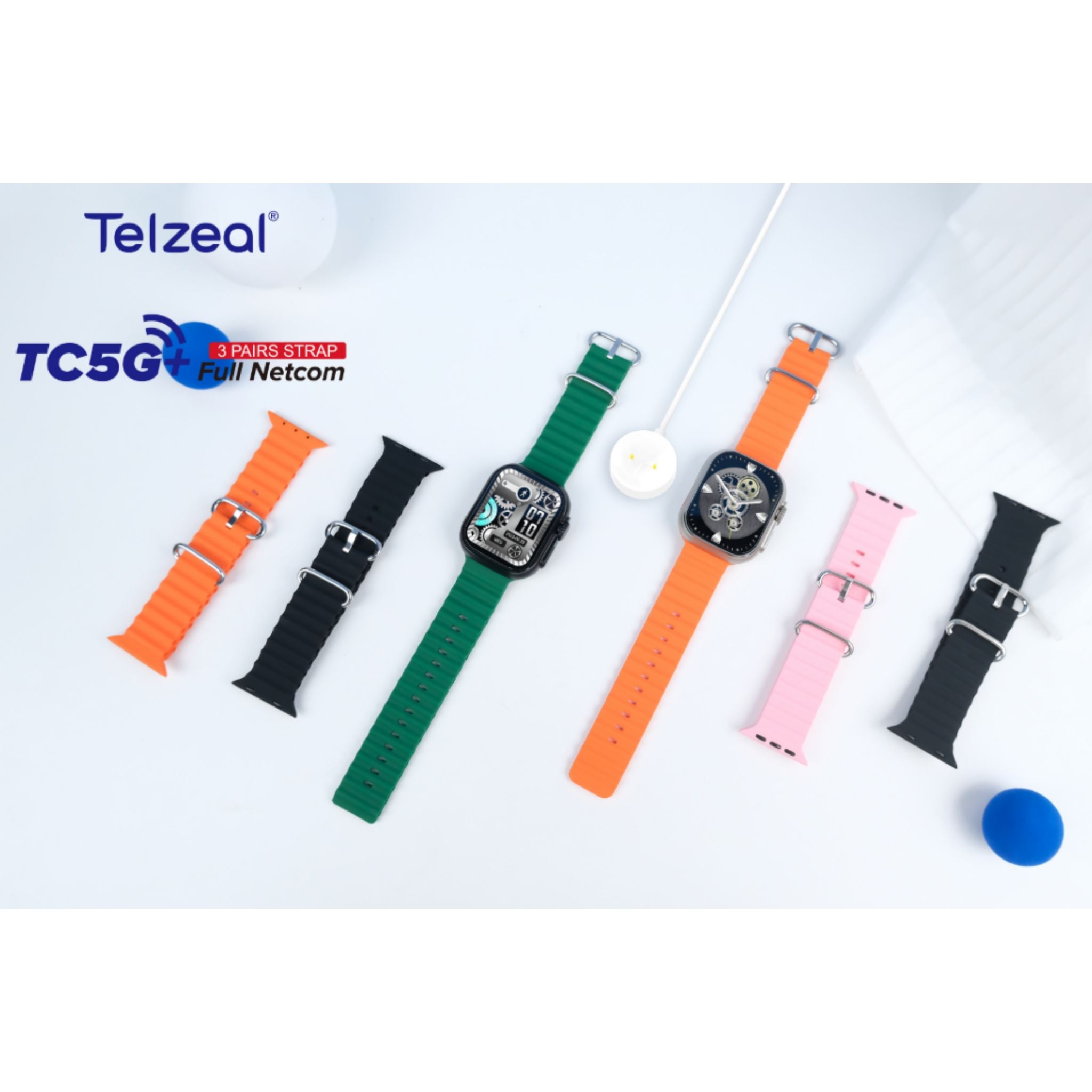 Telzeal Germany TC5G+ 2.2 Inch Full Screen Display Smart Watch With Sim Slot 3 Pair Straps and Wireless Charger For Ladies and Gents