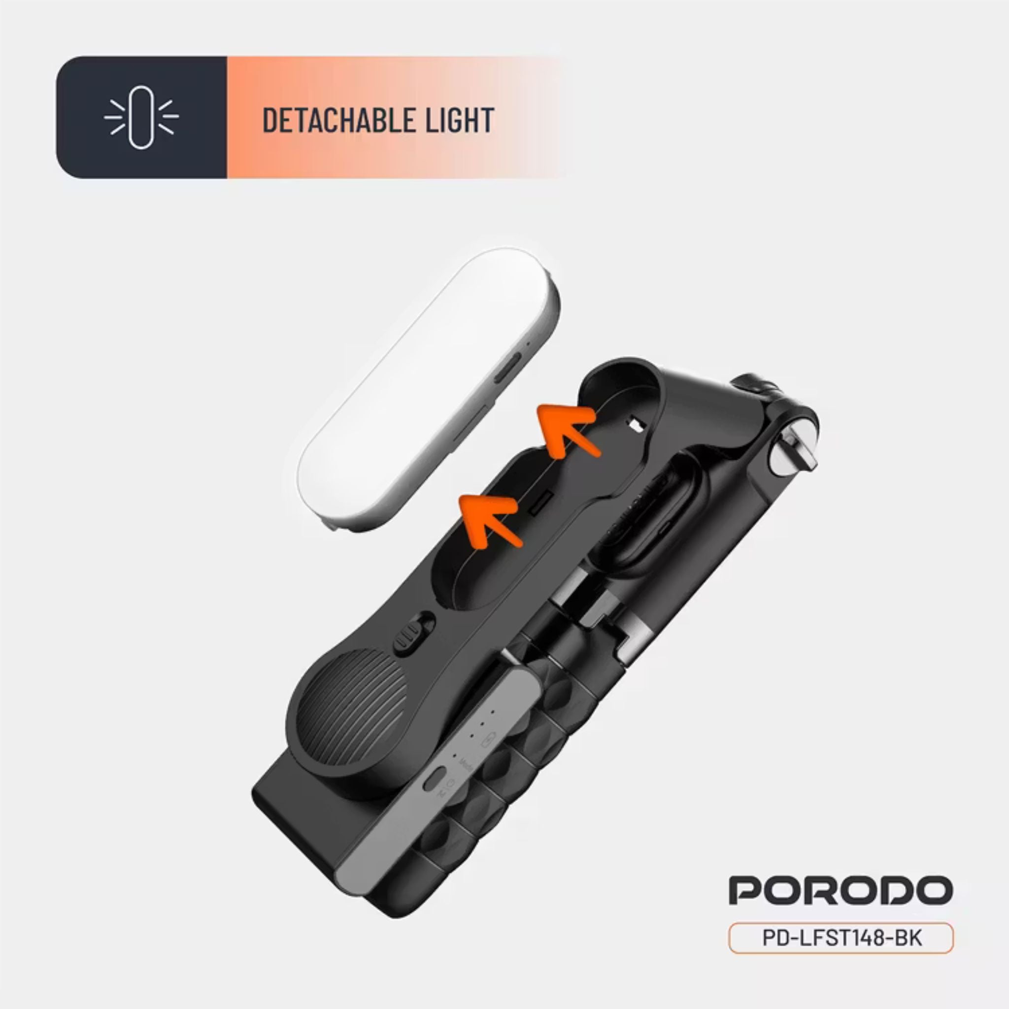 Porodo QuadBase Gimbal Stabilizer with Detachable Fill Light, 10.87 to 15.04cm Mount Holder Range, Anti-Shake, 79cm Extended Length, Remote Control - Black