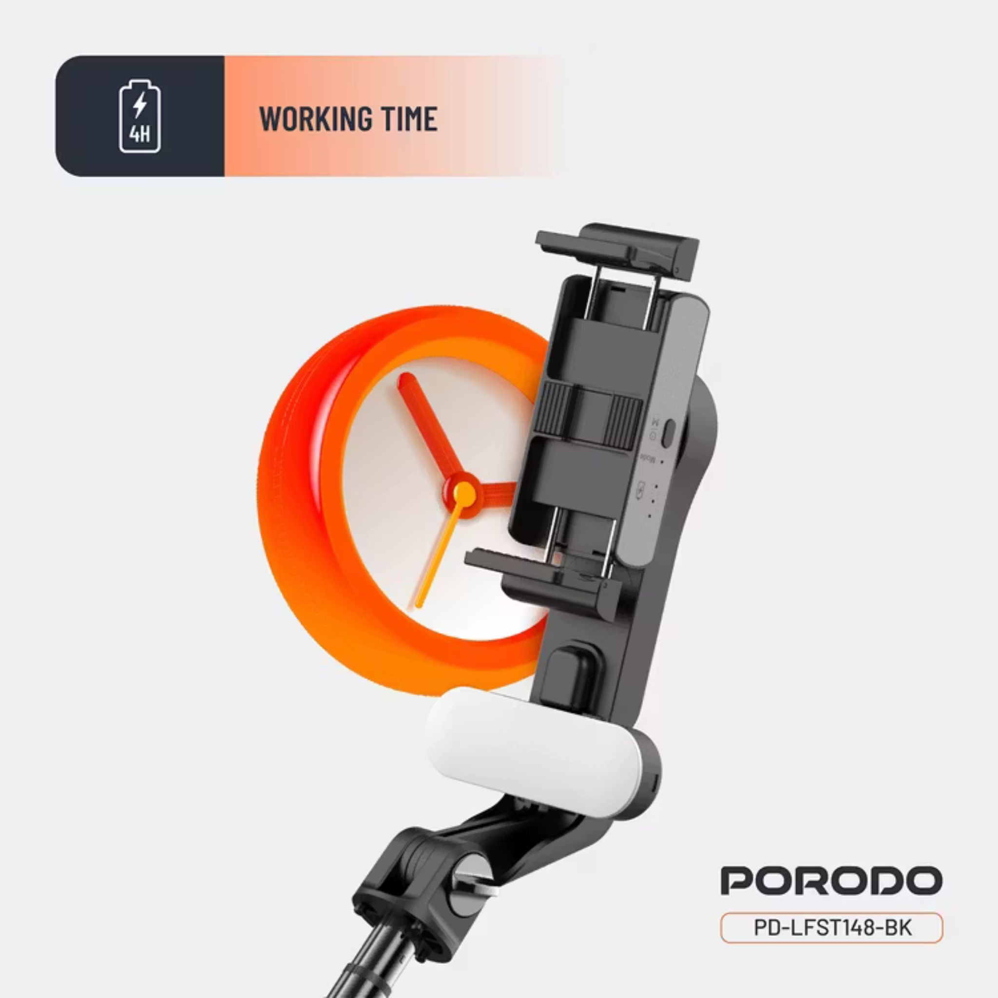 Porodo QuadBase Gimbal Stabilizer with Detachable Fill Light, 10.87 to 15.04cm Mount Holder Range, Anti-Shake, 79cm Extended Length, Remote Control - Black