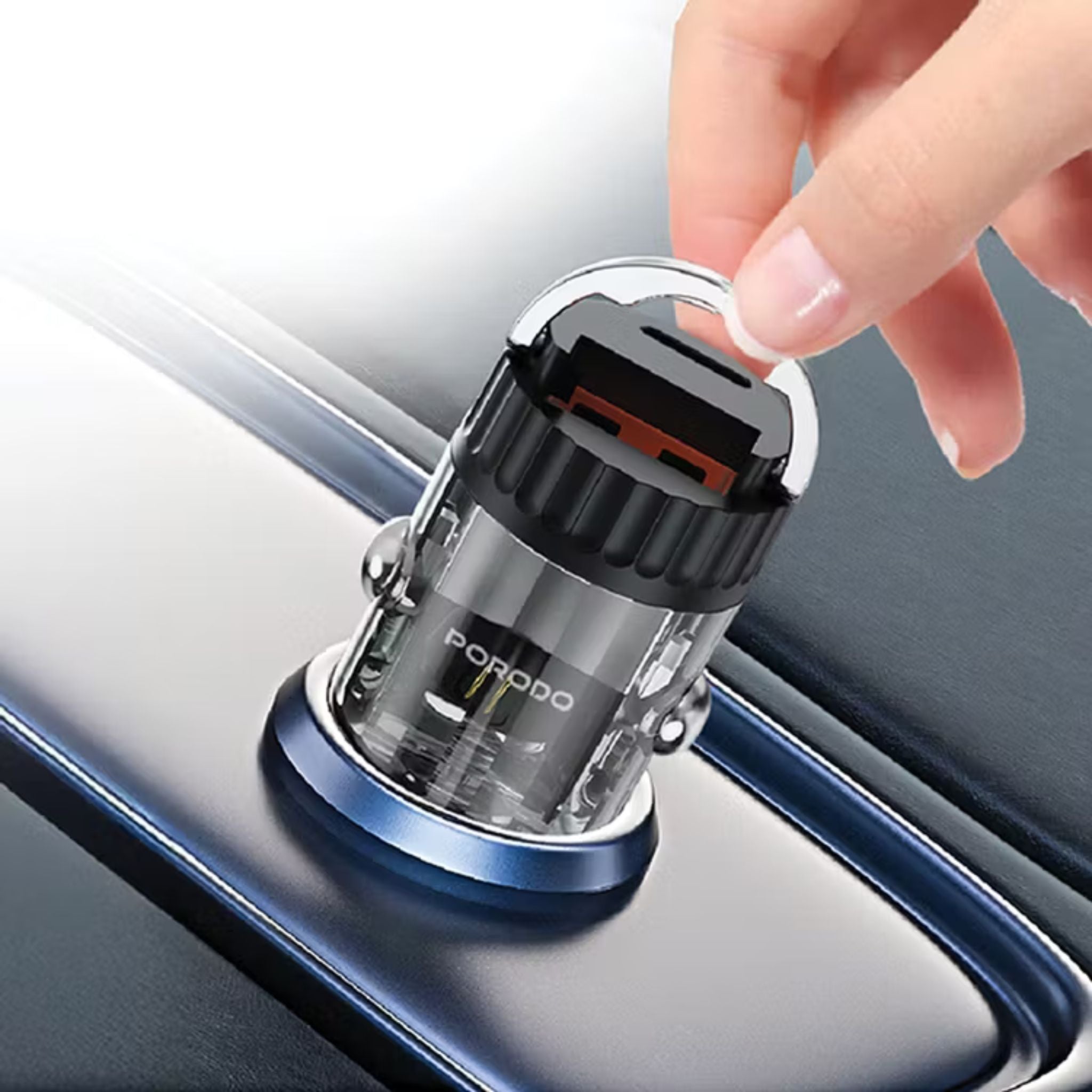 Porodo Dual Port Transparent Car Charger with PD 36W, QC 18W, USB-A & USB-C Ports, Pull Ring Handle, Fast Charging Technology, Smart Charging Protocols, Universal Compatibility - Black
