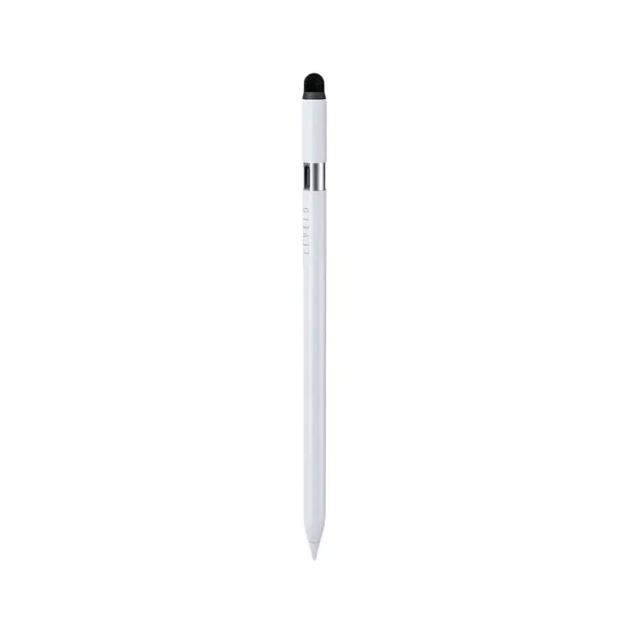 A white stylus pen with a replaceable nib and a flocking head, designed for use with touchscreen devices.