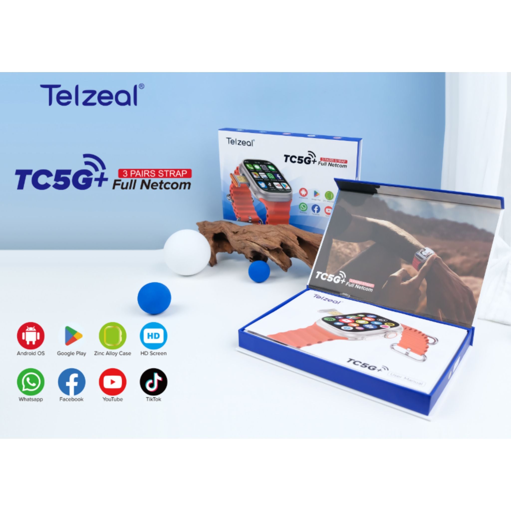 Telzeal Germany TC5G+ 2.2 Inch Full Screen Display Smart Watch With Sim Slot 3 Pair Straps and Wireless Charger For Ladies and Gents