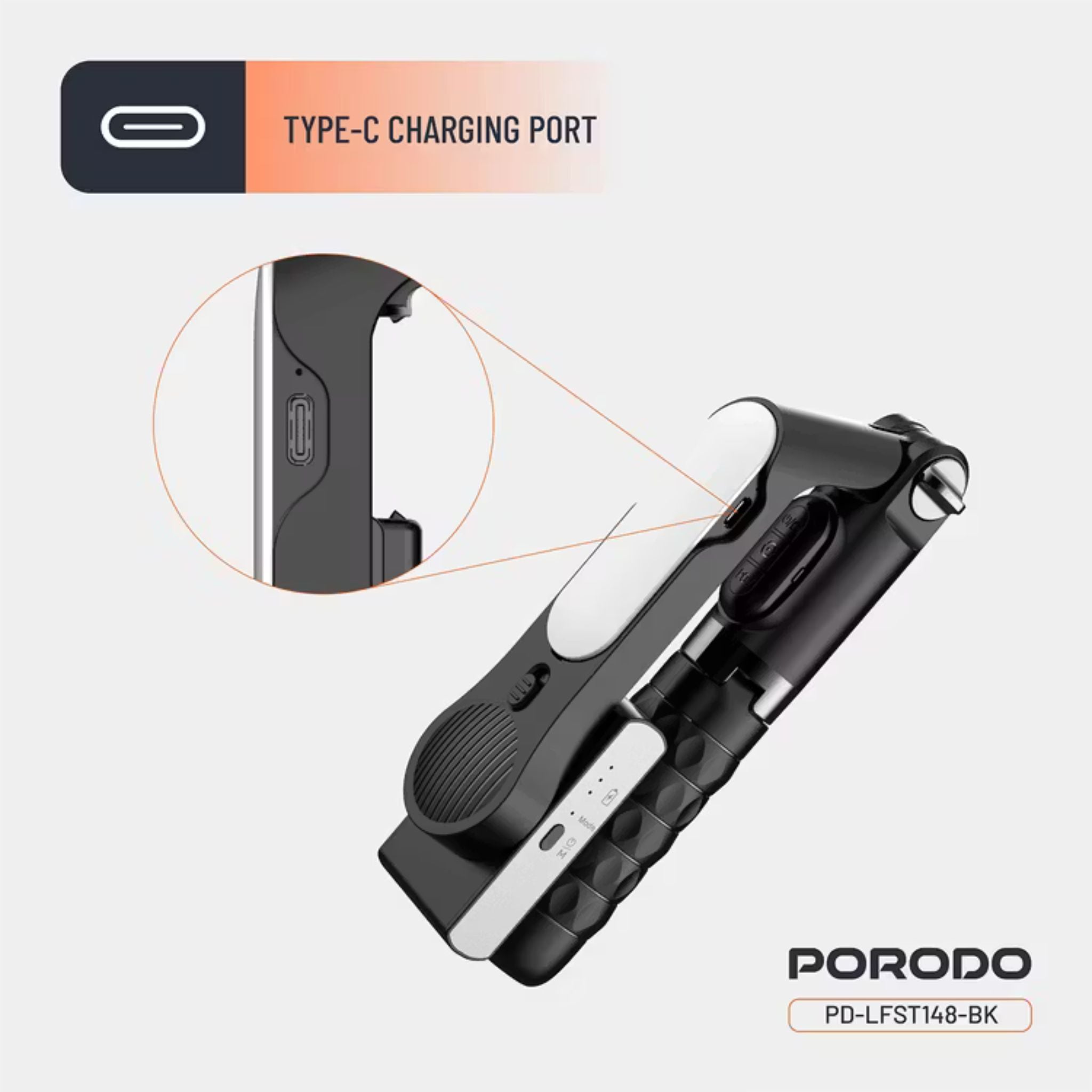 Porodo QuadBase Gimbal Stabilizer with Detachable Fill Light, 10.87 to 15.04cm Mount Holder Range, Anti-Shake, 79cm Extended Length, Remote Control - Black