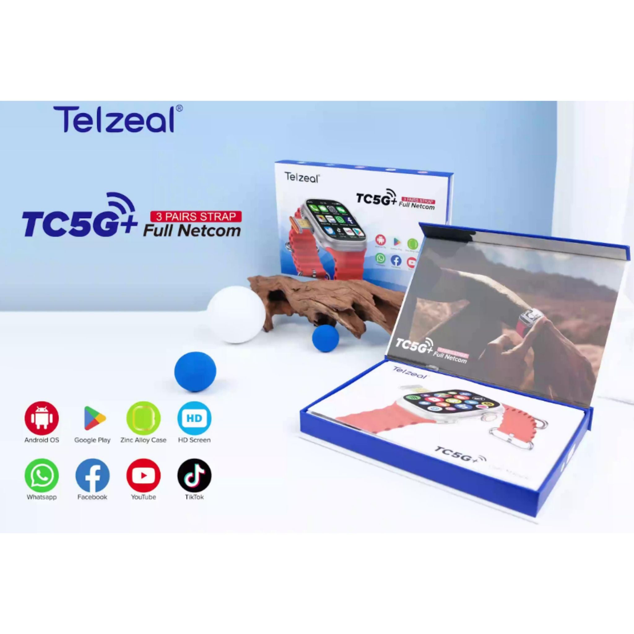 Telzeal Germany TC5G+ 2.2 Inch Full Screen Display Smart Watch With Sim Slot 3 Pair Straps and Wireless Charger For Ladies and Gents