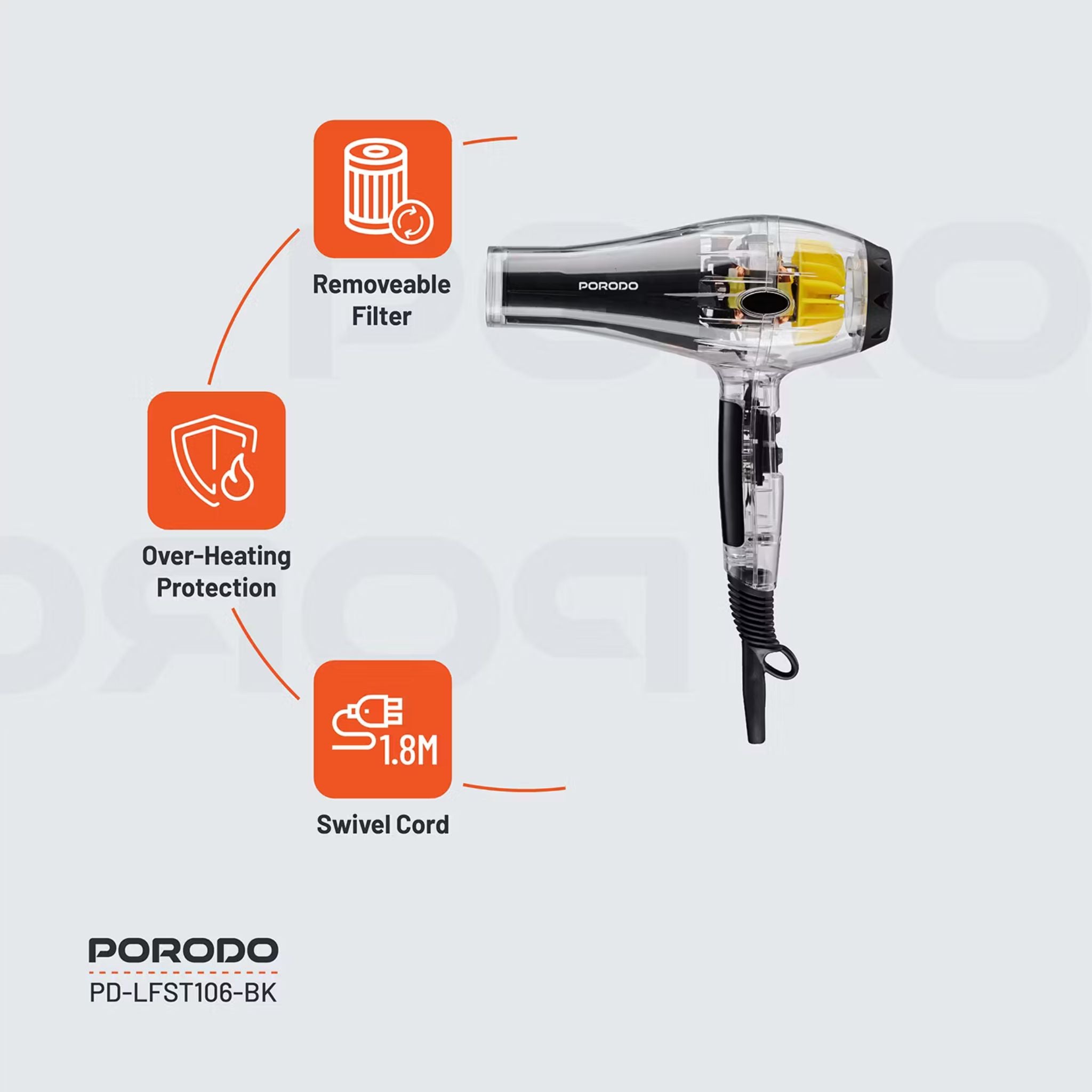 Porodo Lifestyle Crystal Shell Hair Dryer with 3 Airflow Modes, 2000W Rated Power, Removable Filter, Overheating Protection, 2 Speed Levels - Black