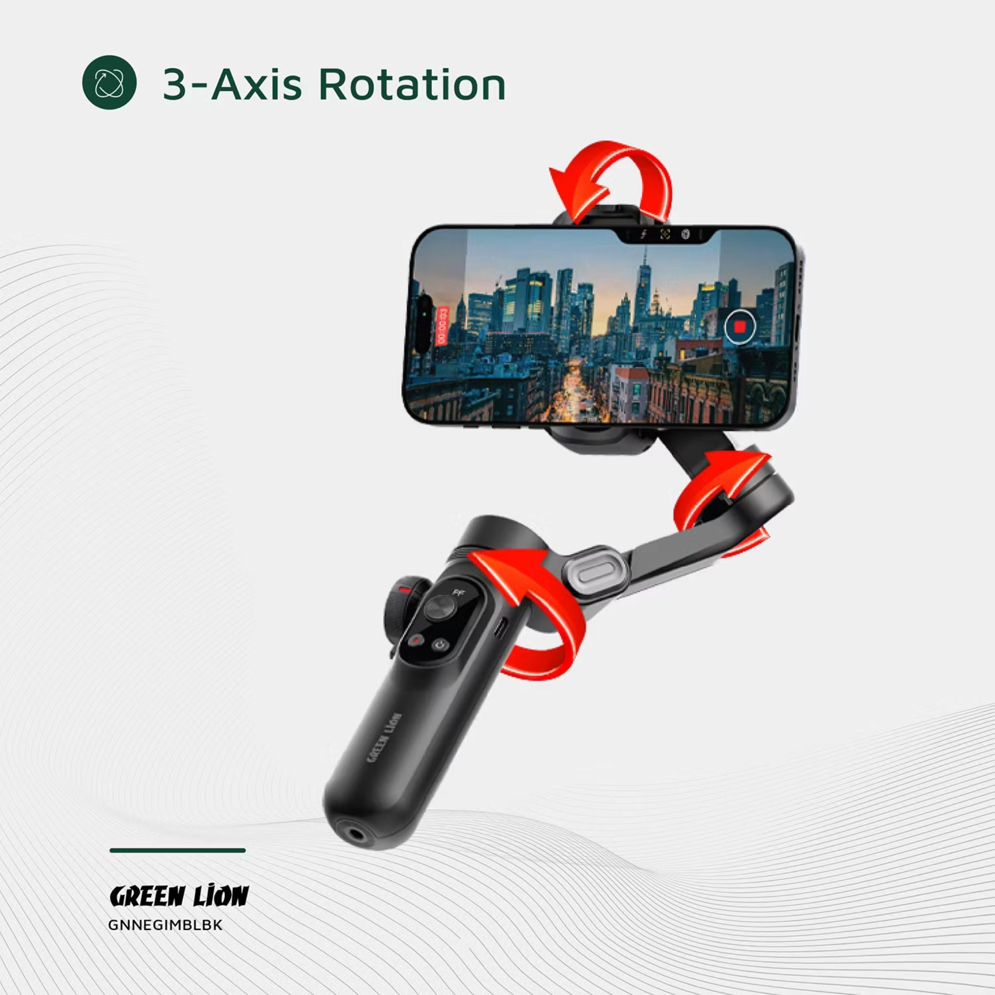 Green Lion New York Gimbal Smart Face Tracking with 6 Shooting Modes, Focus & Zoom Control, 310° Pan Rotation, 250g Load Capacity, Built-in Fill Light - Black