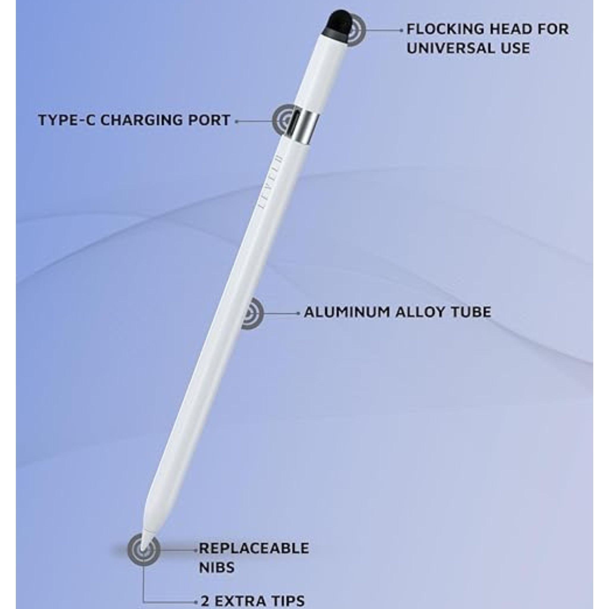 Levelo Skystick Universal & Compatible With iPad Stylus Pen, Replaceable Nibs, Flocking Head For Universal use, Palm rejection, Aluminum Alloy Tube, 2 Extra Tips, 6 Months Standby, Auto Sleep - White
