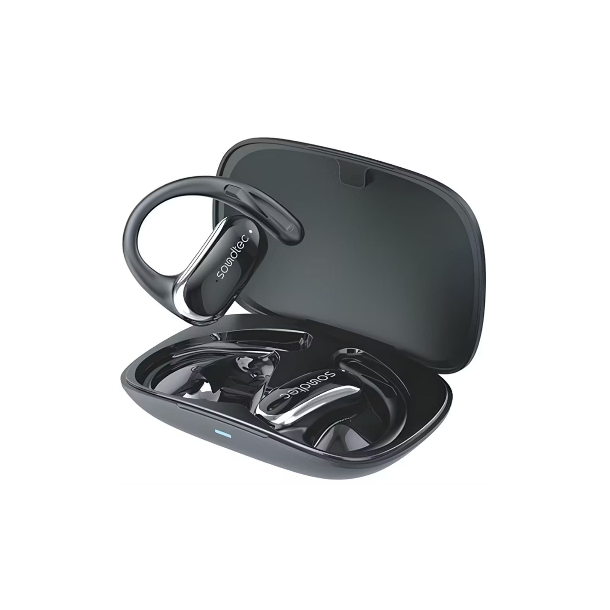 Black wireless earbuds in a charging case on a white background