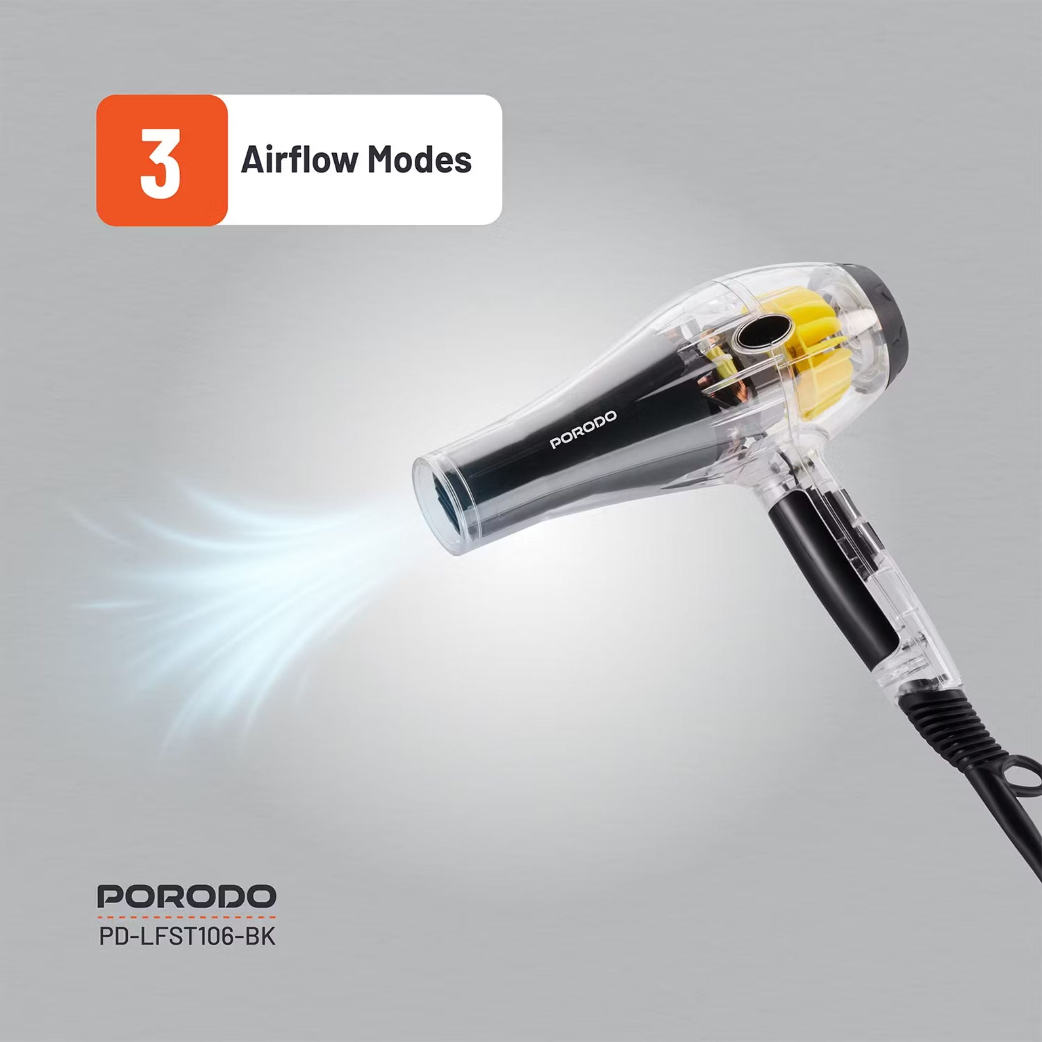 Porodo Lifestyle Crystal Shell Hair Dryer with 3 Airflow Modes, 2000W Rated Power, Removable Filter, Overheating Protection, 2 Speed Levels - Black