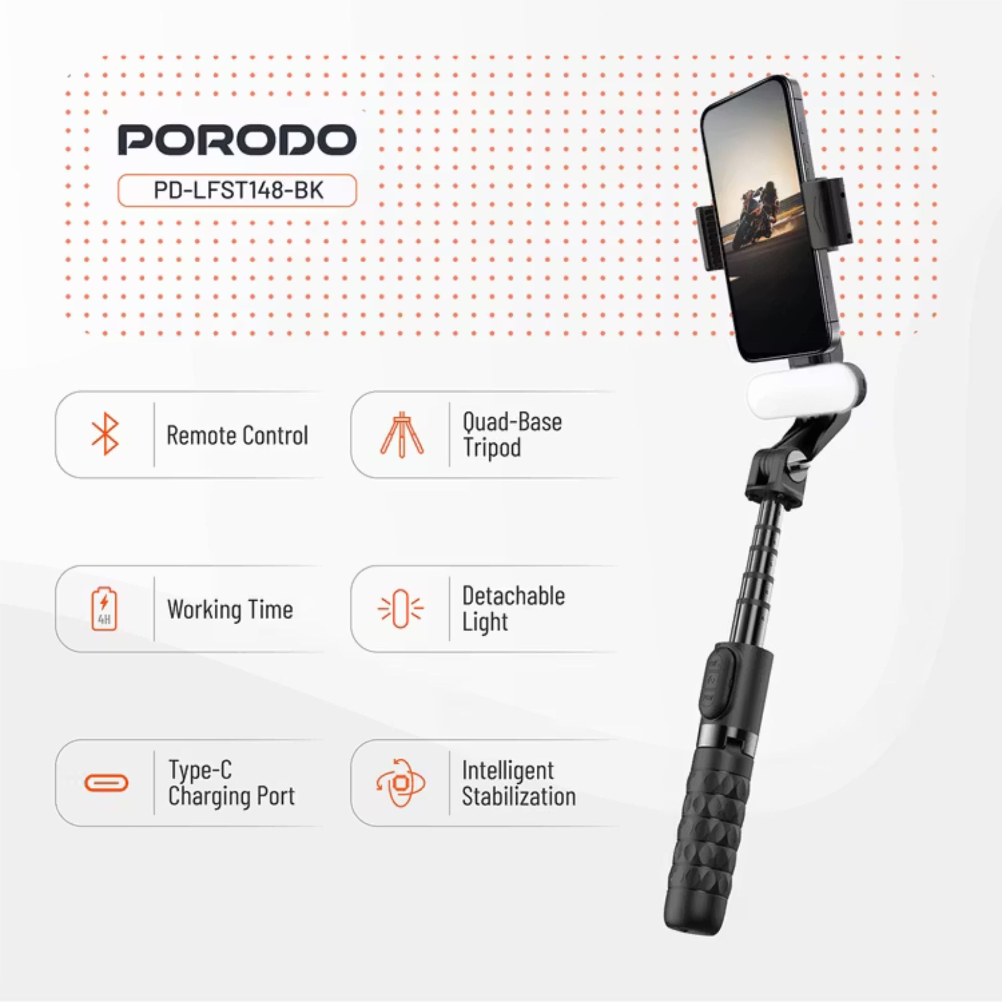Porodo QuadBase Gimbal Stabilizer with Detachable Fill Light, 10.87 to 15.04cm Mount Holder Range, Anti-Shake, 79cm Extended Length, Remote Control - Black