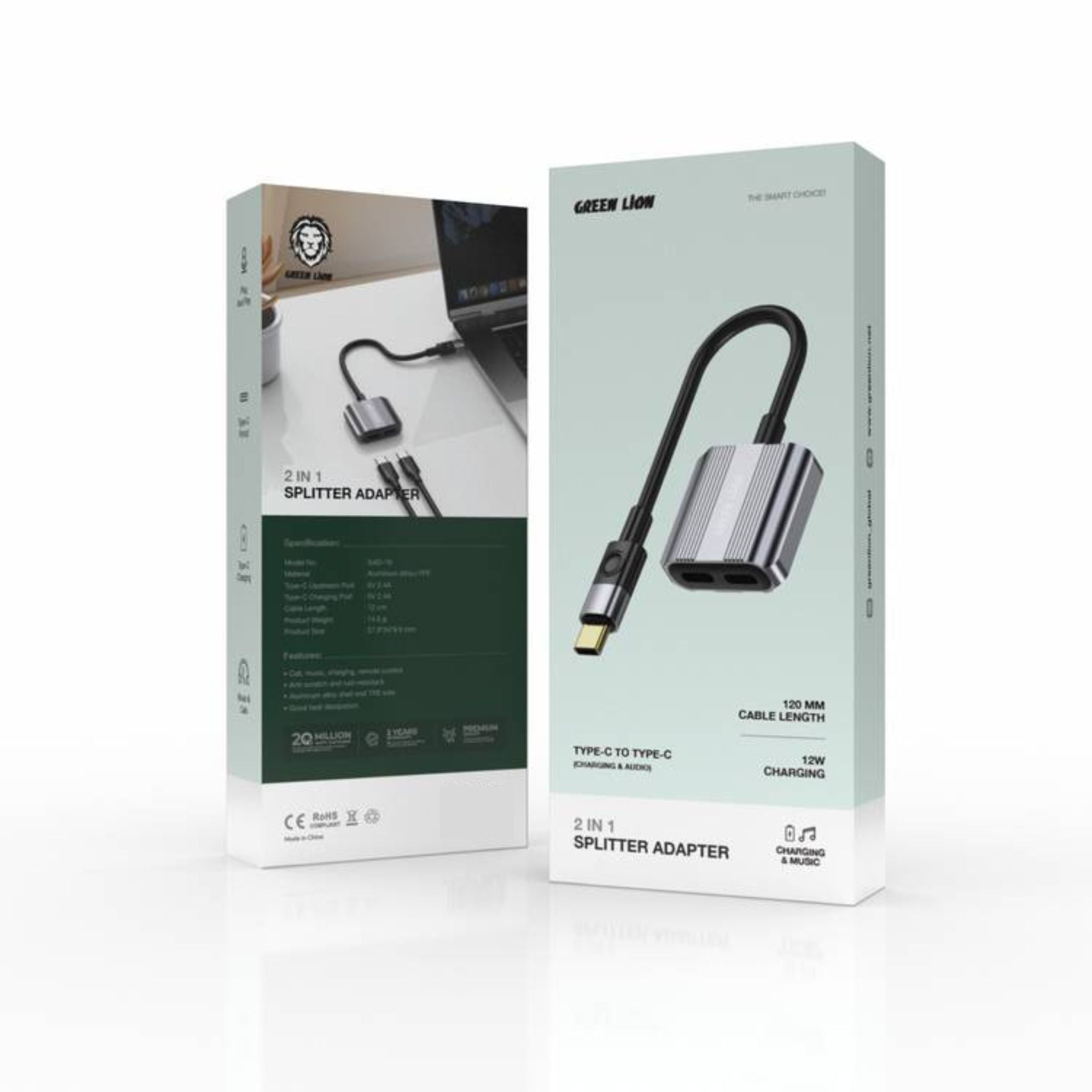Green Lion 2-in-1 Splitter Adapter Type-C to Dual Type-C, 12 cm, Aluminum Alloy & TPE, 5 V / 2.4 A, 12W Charging Output, Anti-Scratch and Rust-Resistant, Good Heat Dissipation, Call, Music, Charging, Remote Control - Black / Silver