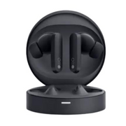 Black wireless earbuds in a charging case on a white background