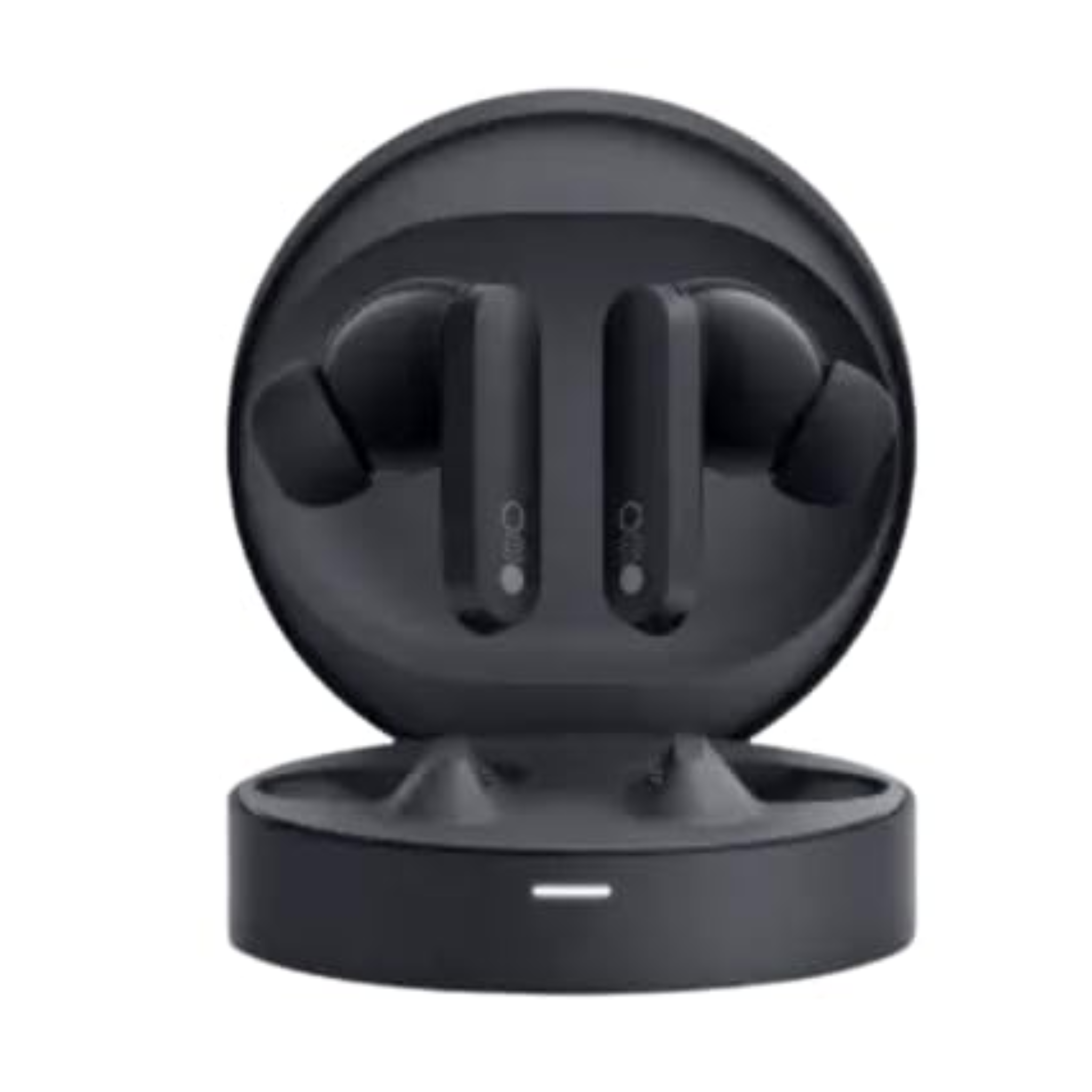 Black wireless earbuds in a charging case on a white background