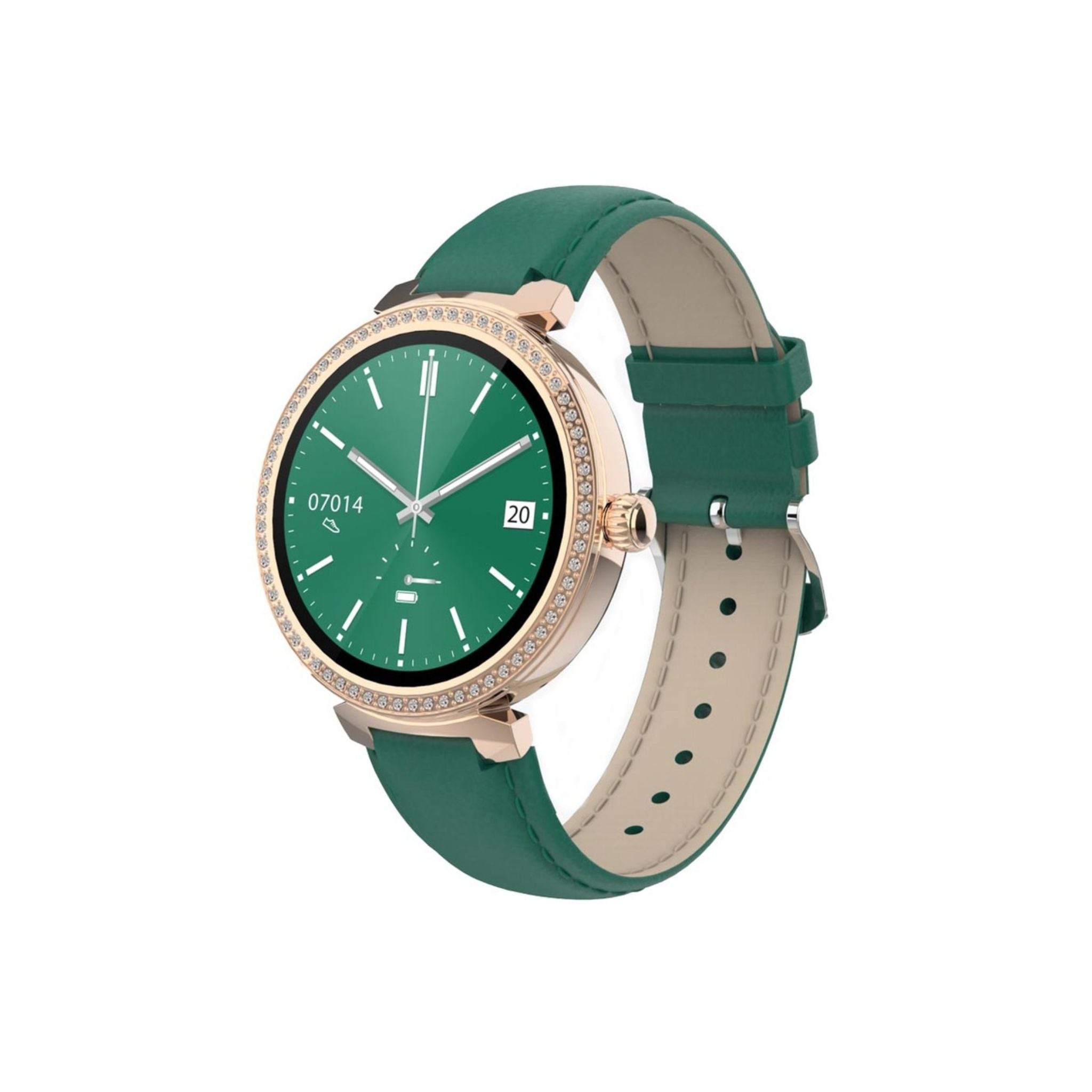 A Porodo Belle Lady Smart Watch with a rose gold dial and a green leather band. The watch is displayed in an angled position showcasing the screen and the band.