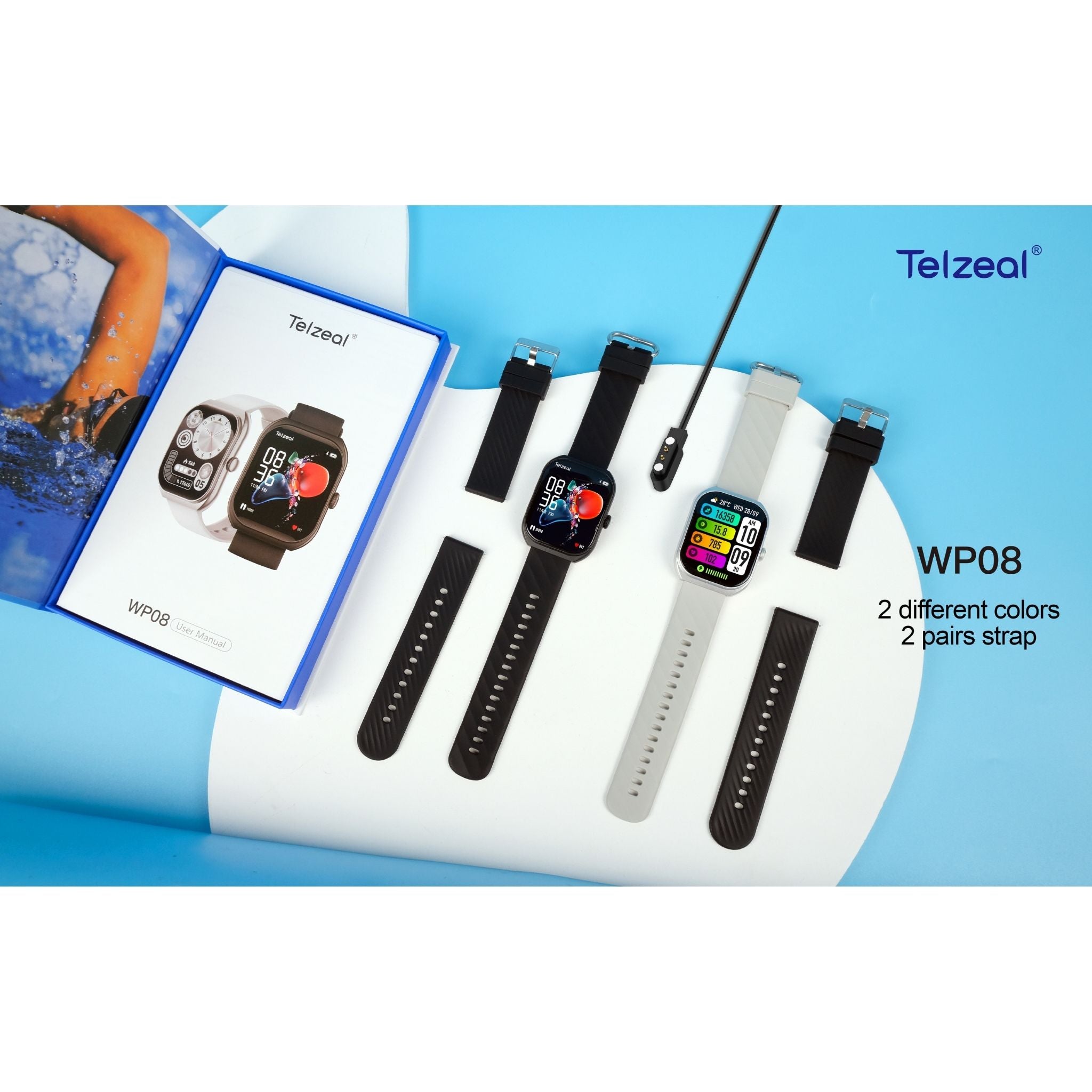 Telzeal WP08 Waterproof Smartwatch with Curved Full-Touch Display, Dual Strap Set (2 Pairs), Stylish & Comfortable Design – Black