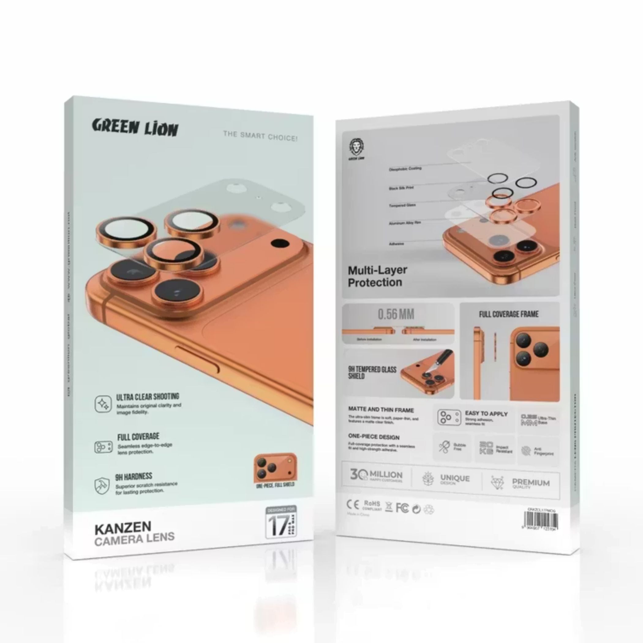 Green Lion Kanzen Camera Lens for iPhone 17 Pro Max, 9H Hardness, Easy to Apply, Anti Fingerprint, Bubble Free, Full Coverage, Ultra Clear Shooting, Impact Resistant, Ultra-Thin Base - Orange