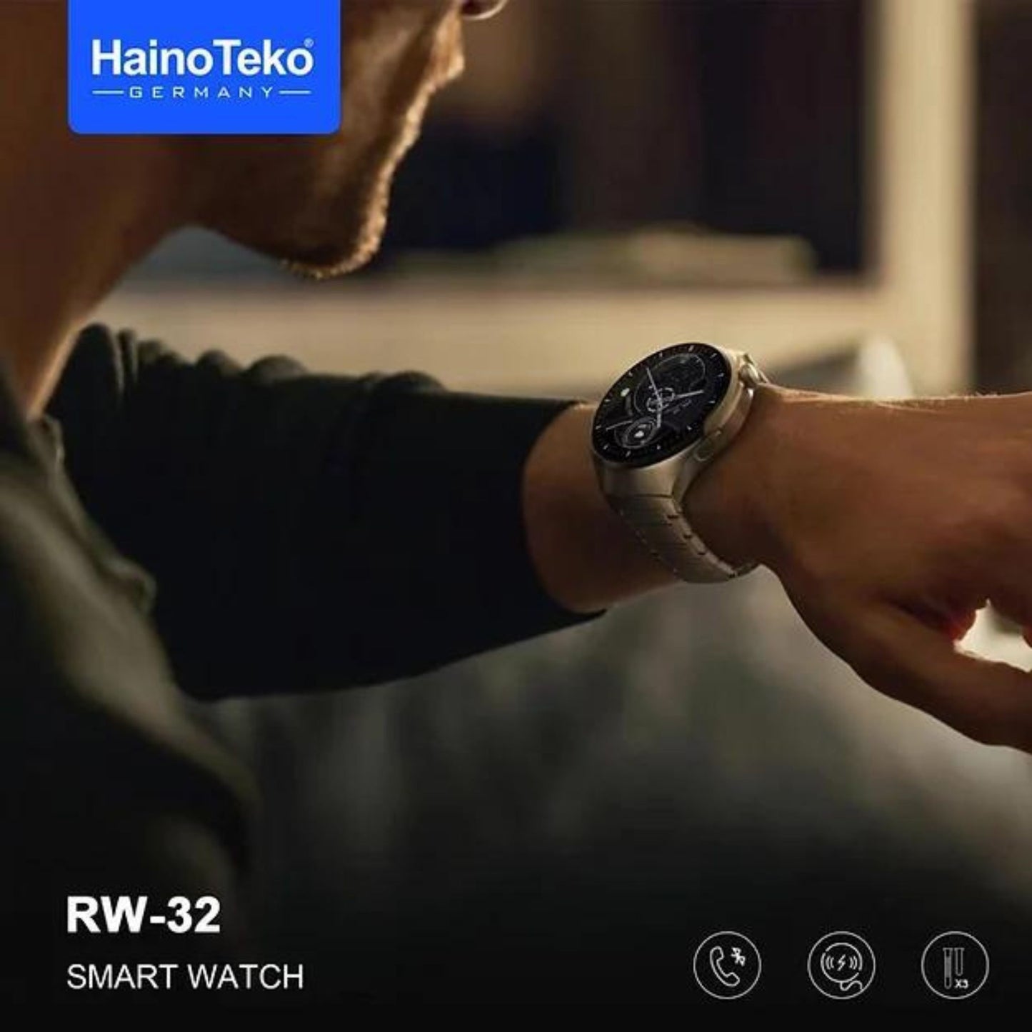 Haino Teko RW-32 Smart Watch_AMOLED_Carved Glass Display-Silicone + Stainless Steel 3 Strap,Bluetooth_Silver