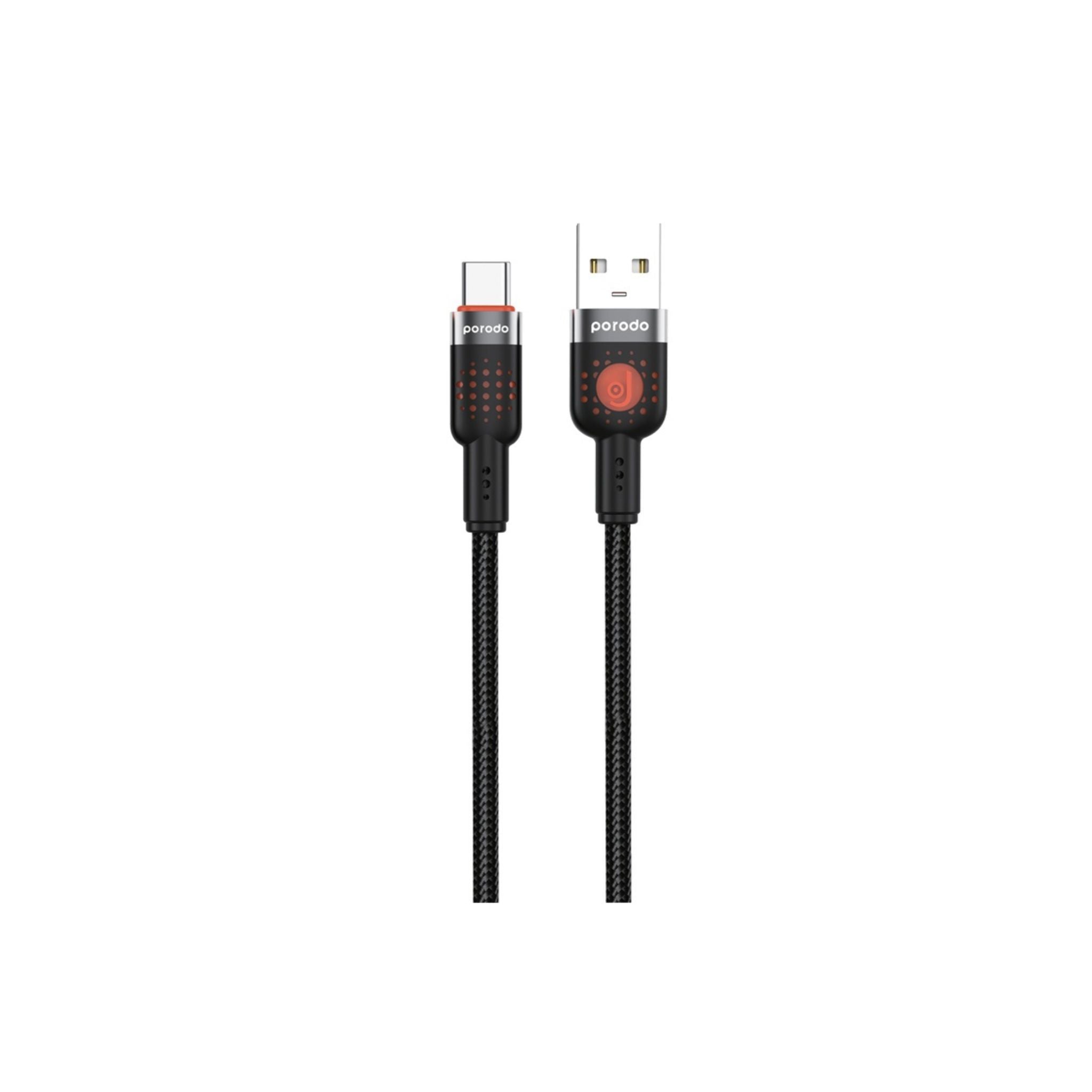 Porodo Braided USB-A to Type-C Cable with 480Mbps Transfer Speed, 1.2m Cable Length, More than 15,000 Bends Lifespan, Tangle-Free Design - Black