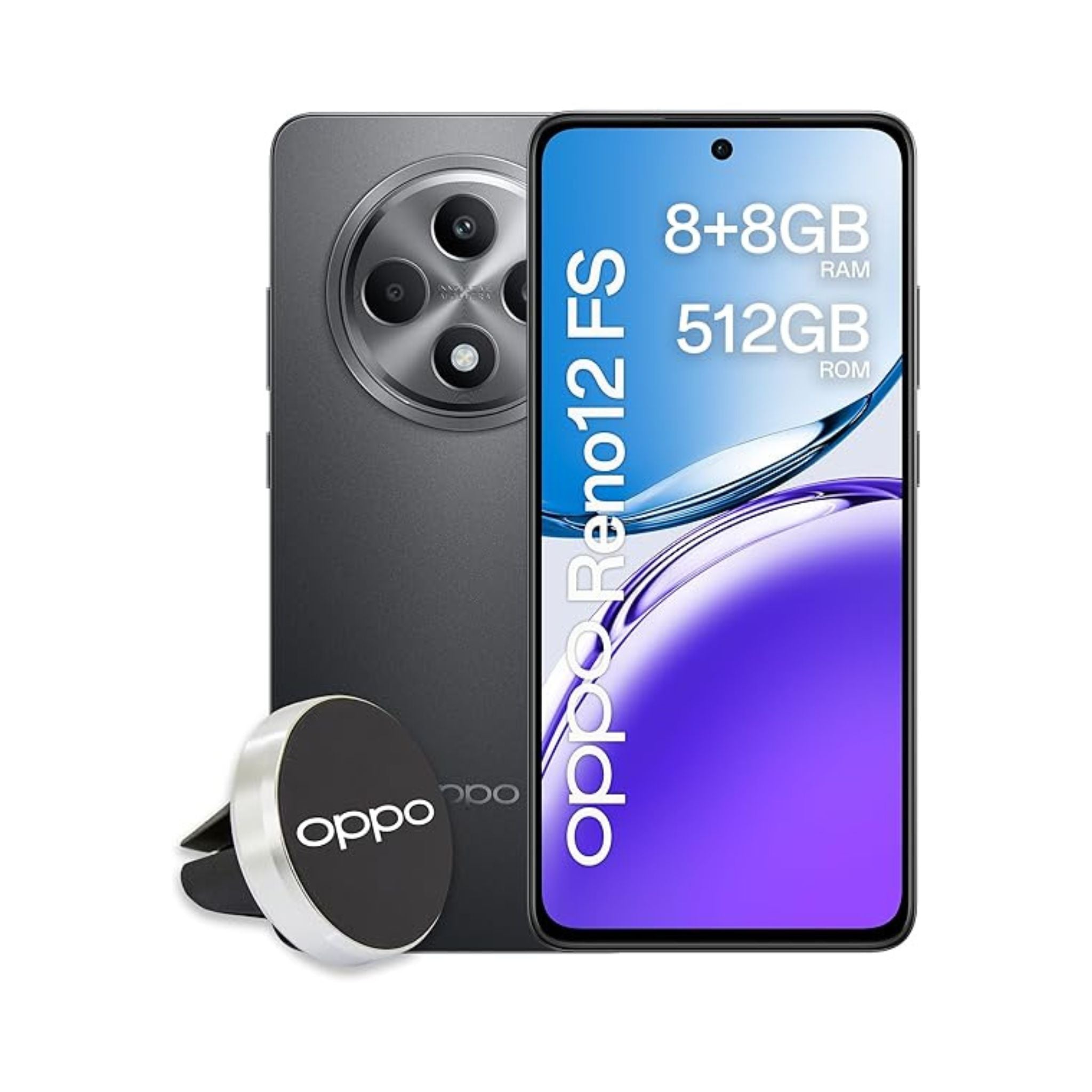 Oppo smartphone with screen showing specifications and a magnetic phone holder on a white background