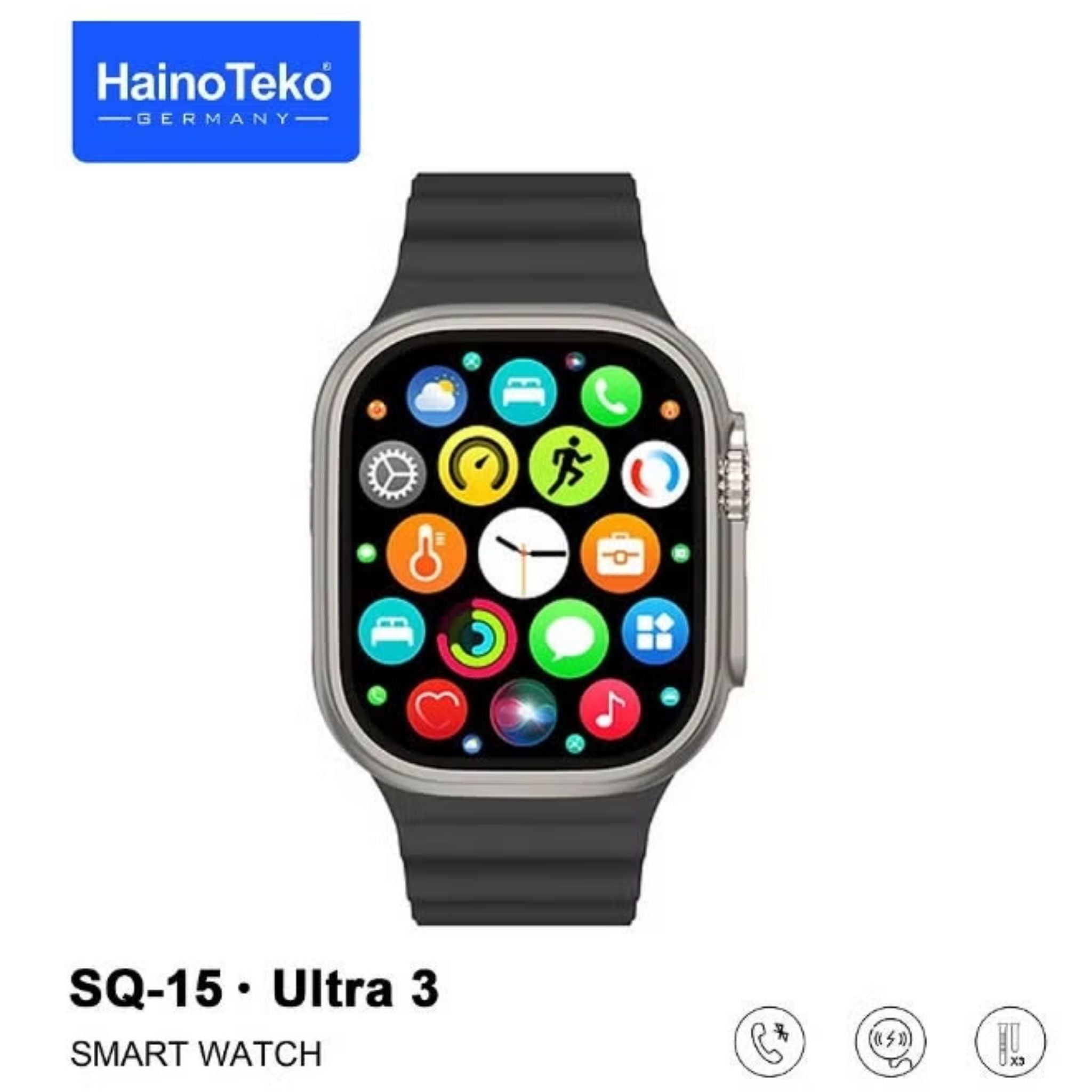 Haino Teko SQ-15 Ultra 3 Smart Watch with AMOLED Display, Bluetooth Calling, 3 Interchangeable Straps, Heart Rate & Sleep Monitoring, Fitness Tracker, Smart Notifications, Unisex – Silver