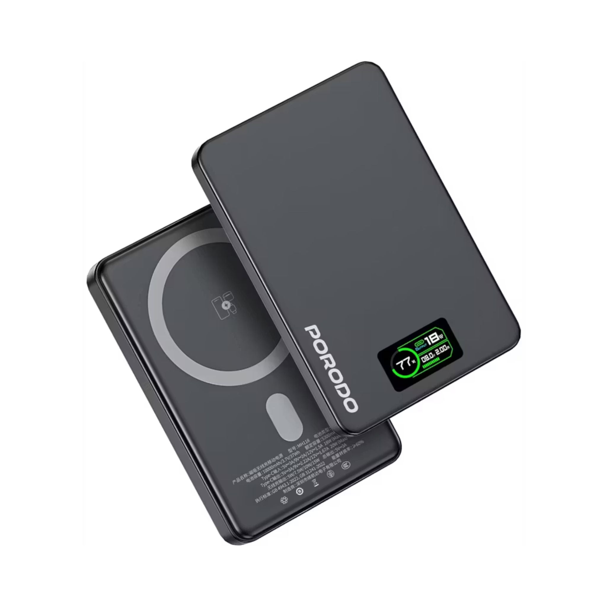 Porodo 10000mAh Power Bank with Real-Time TFT Smart Display, Type-C Input & Output, 20W PD Fast Charging, 15W Wireless Charging, Compatible with MagSafe, Smart Temperature Control - Dark Gray