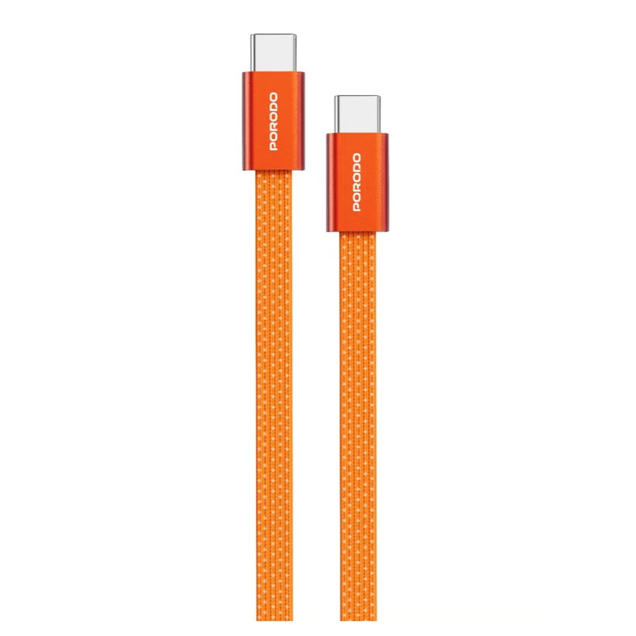 Porodo USB-C to USB-C Flat Braided Cable, PD 60W Fast Charging, 1m Length, Tangle-Free Cotton Jacket – Orange