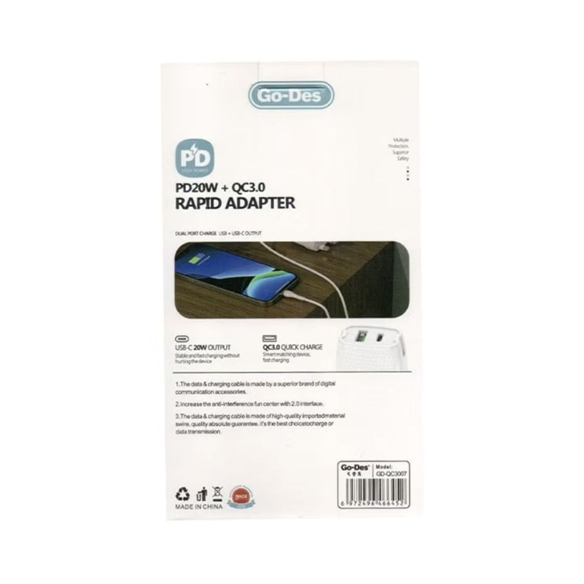 Go Des PD20W + QC3.0 Rapid Adapter+ Quick Charger_White