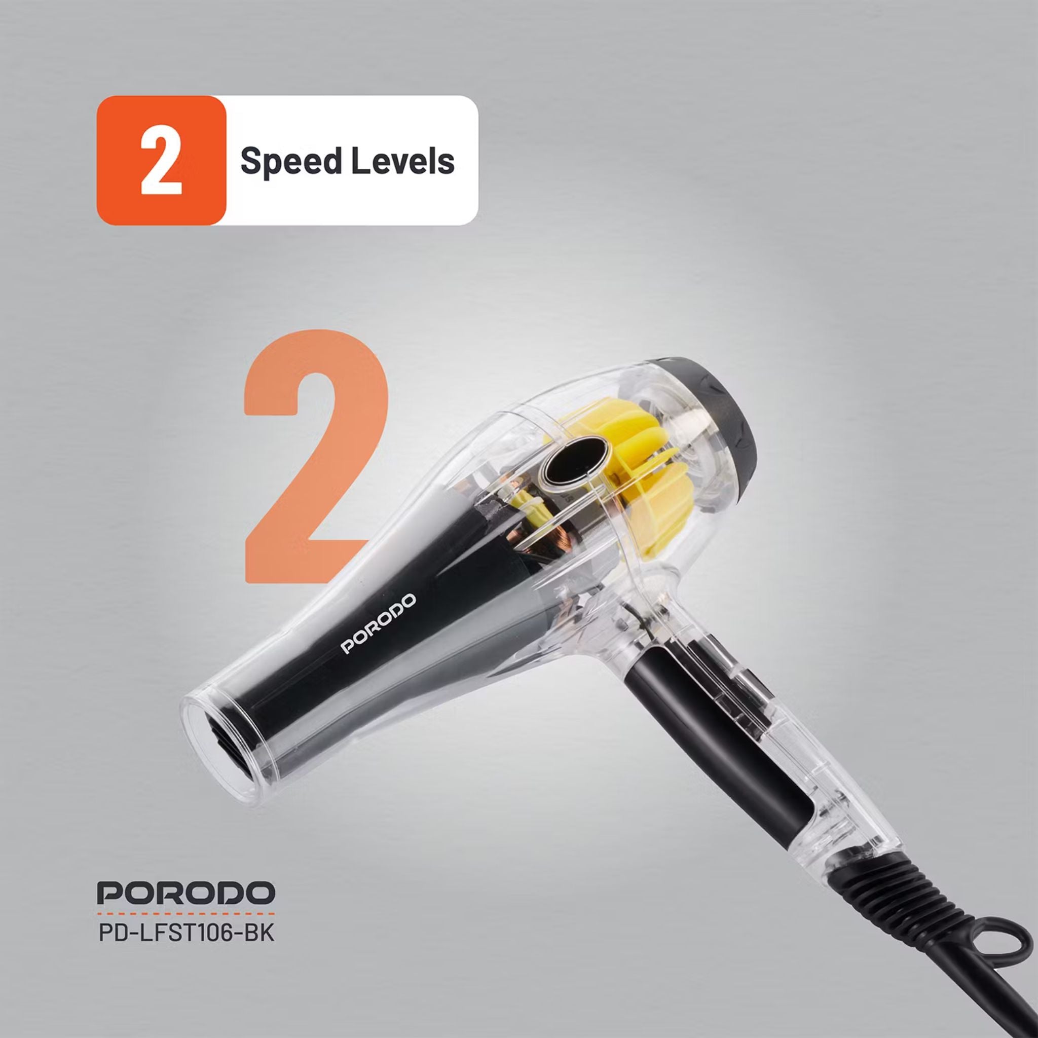 Porodo Lifestyle Crystal Shell Hair Dryer with 3 Airflow Modes, 2000W Rated Power, Removable Filter, Overheating Protection, 2 Speed Levels - Black